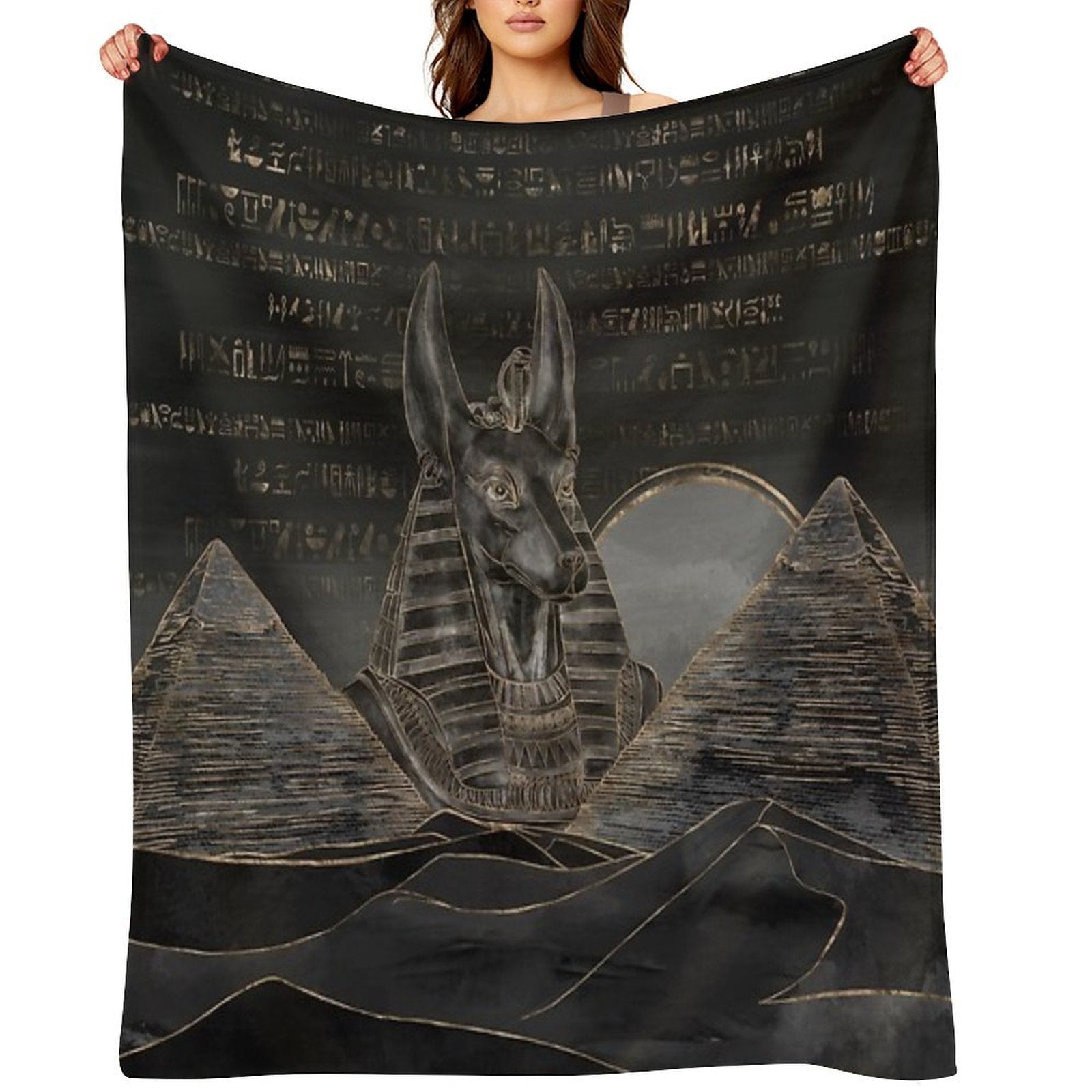Anubis on Egyptian Pyramids Landscape Travel-friendly Throw Blanket