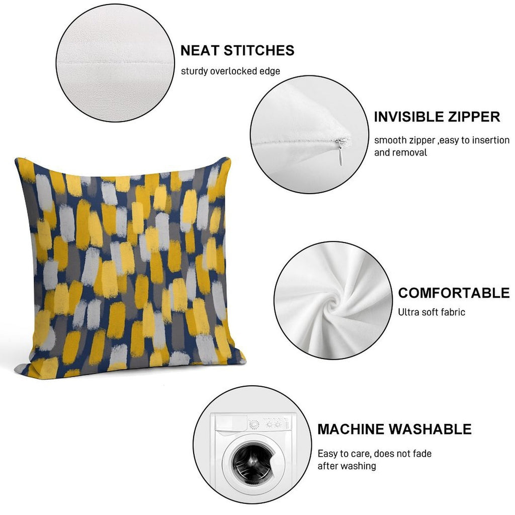 Abstract Grey And Mustard Yellow Paint Brush Effect on Navy Blue Soft Washable Throw Pillow