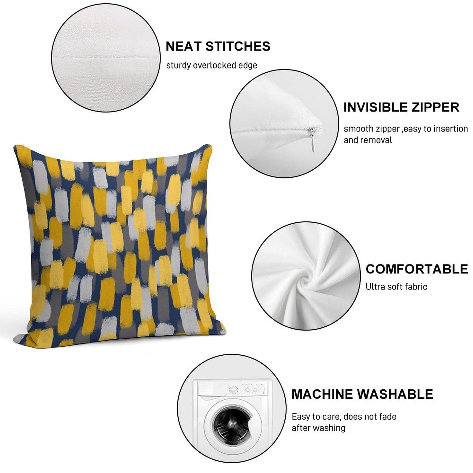Abstract Grey And Mustard Yellow Paint Brush Effect on Navy Blue Soft Washable Throw Pillow