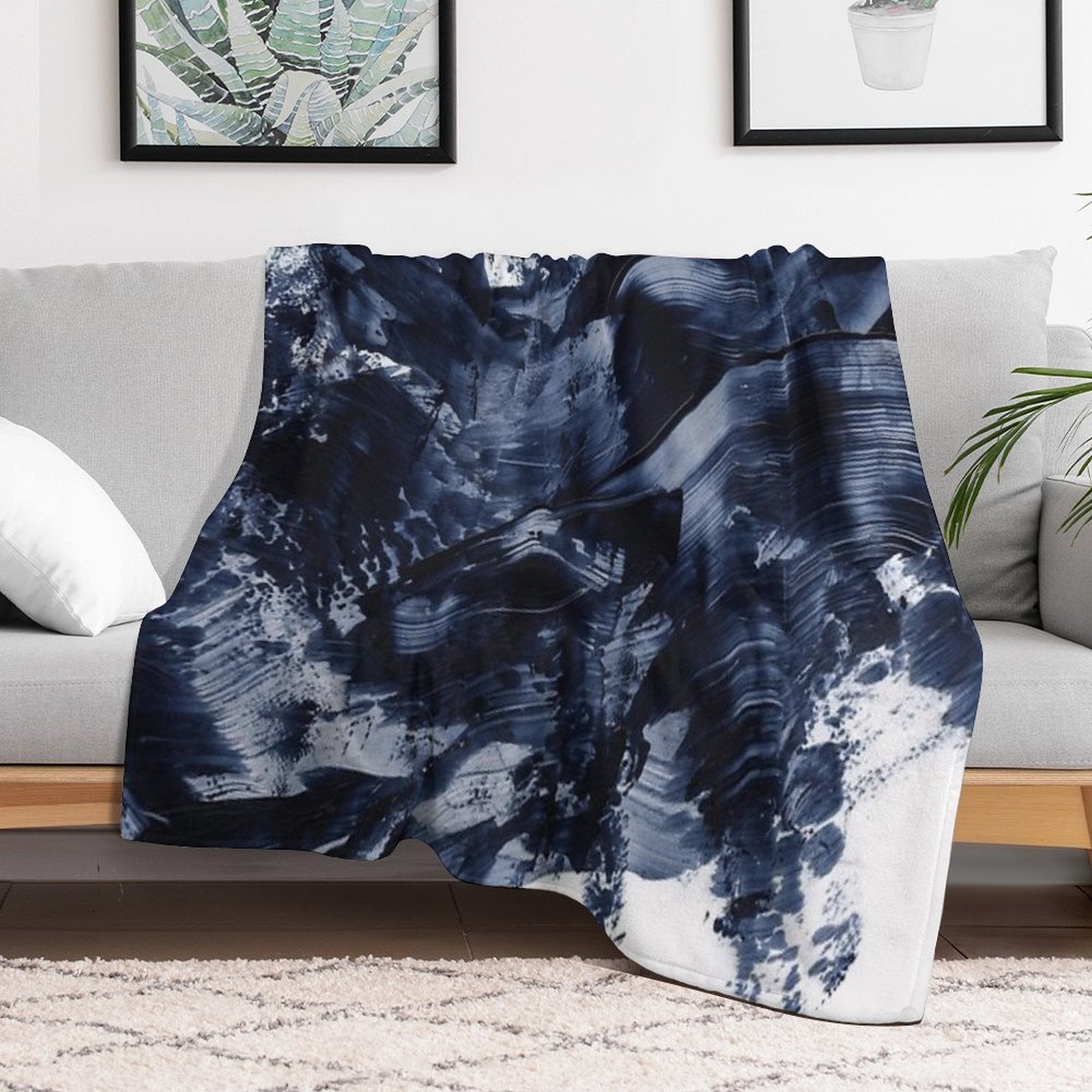 Dark Navy Gray Acrylic Abstract Painting Compact Throw Blanket