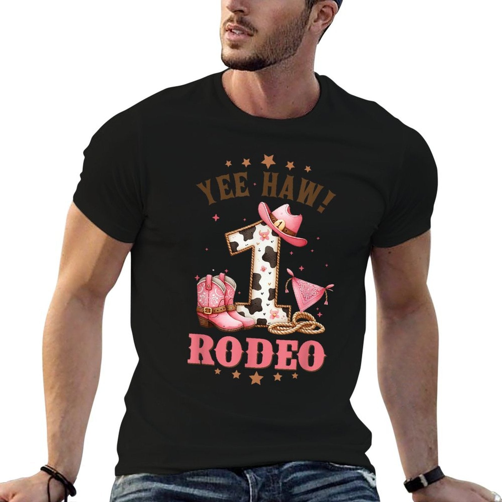 Rodeo Cowgirl Birthday CowGirl 1st Birthday 1 Years Old  Ribbed Collar T-Shirt