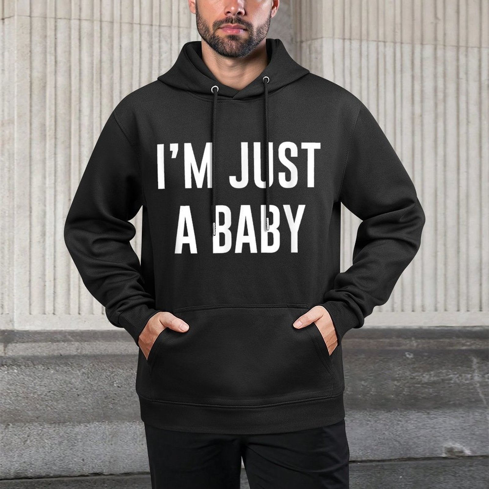 TooMerch Im Just A Baby Store Baby Meme, Womens Black Small Classic Fit Crew Neck Letter Print Pull On Closure Shrink-Resistant Hoodie