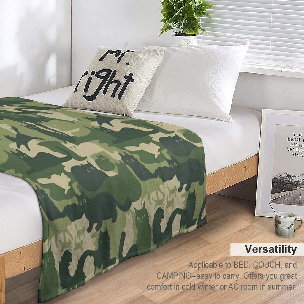Camouflage Pattern with Cats  Green Cat Camo Sustainable Throw Blanket