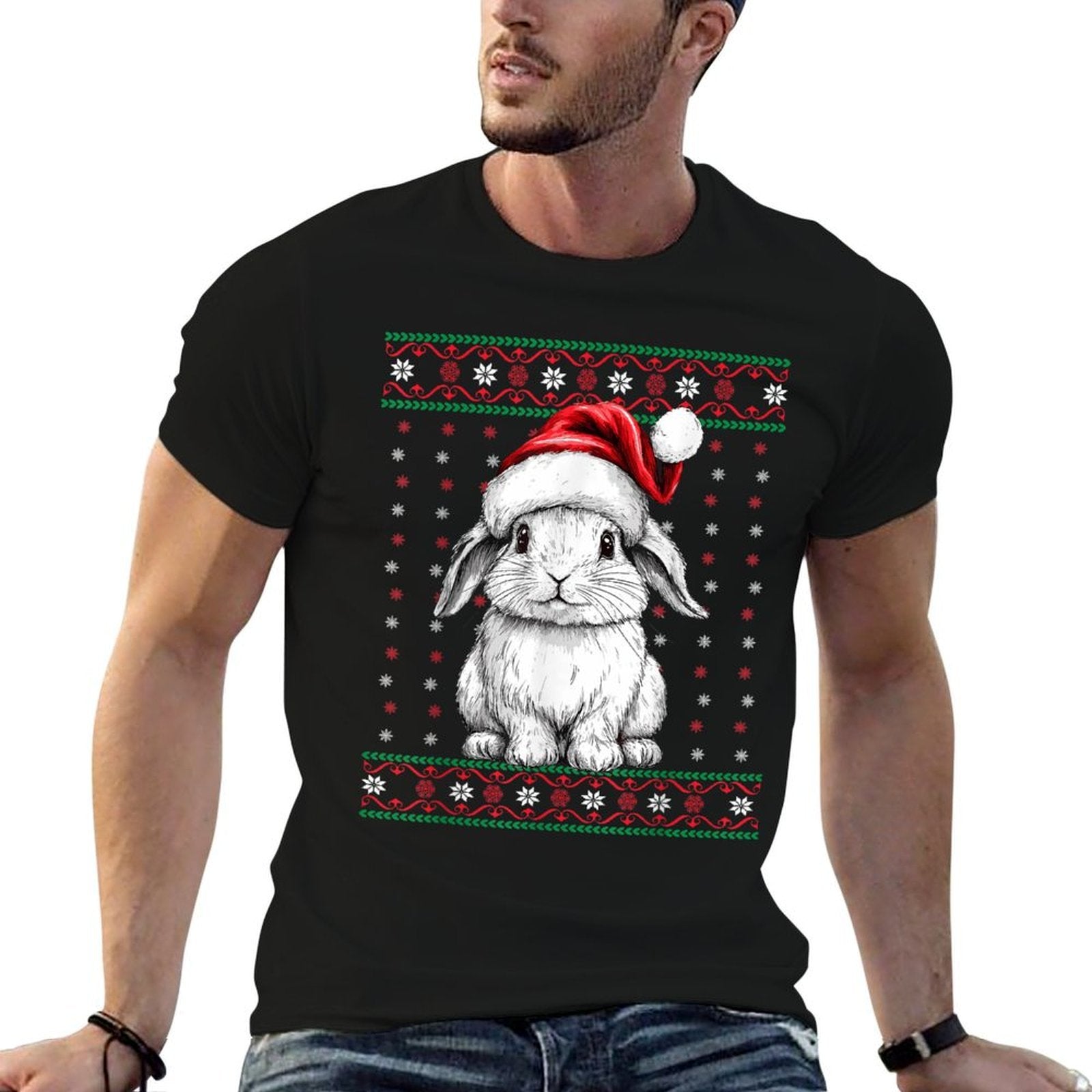Ugly Christmas Sweater Rabbit Lover Santa Hat Funny Holiday  Eco-friendly Material T-Shirt