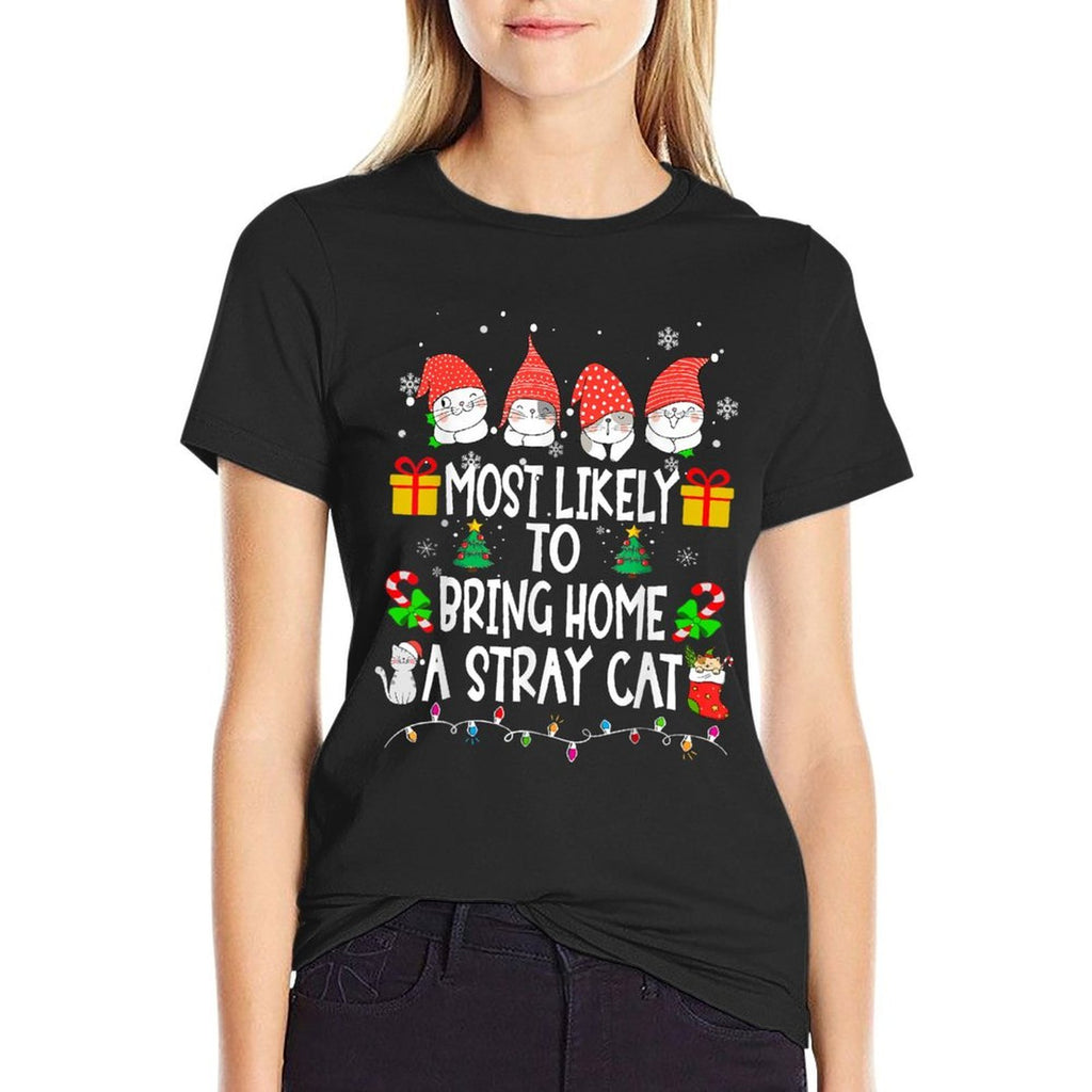 Most Likely To Bring Home A Stray Cat Christmas Family Funny  Ribbed Collar T-Shirt