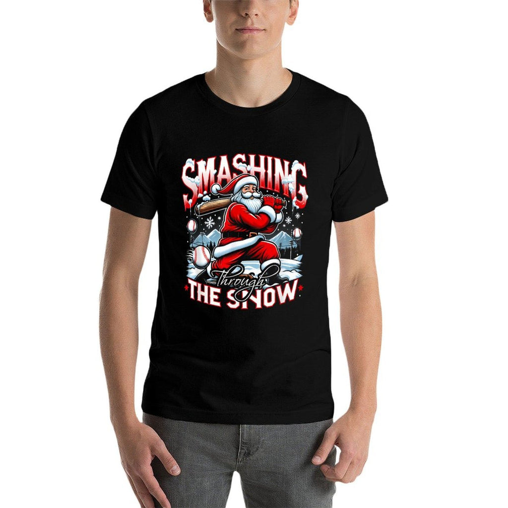 Baseball Player Christmas Santa Smashing Through Snow Comfortable T-Shirt
