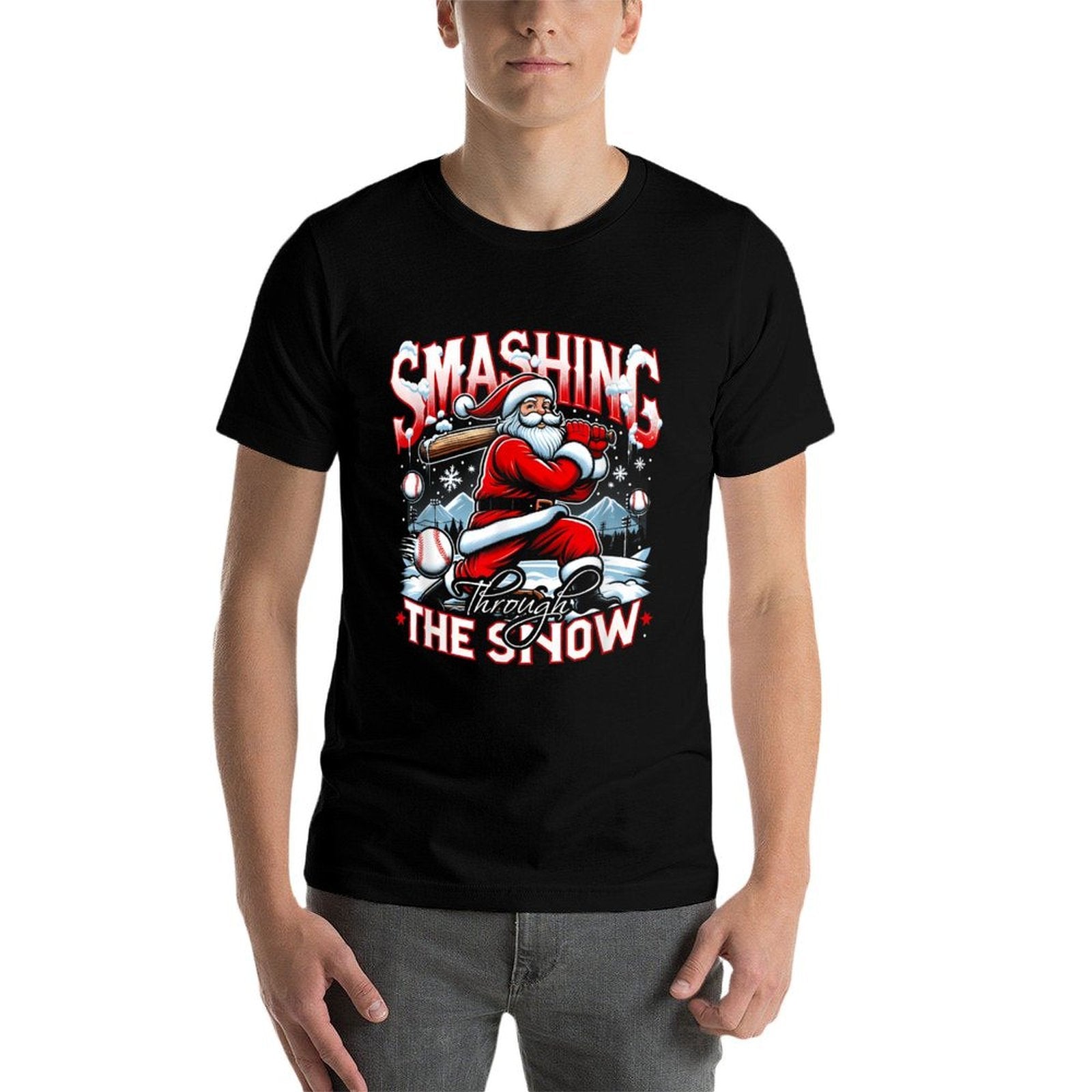 Baseball Player Christmas Santa Smashing Through Snow Comfortable T-Shirt