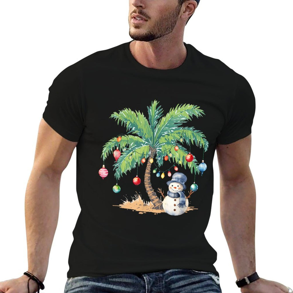 Vintage Palm Tree Snowman Tropical Christmas Deck The Palms  Polyester Blend T-Shirt
