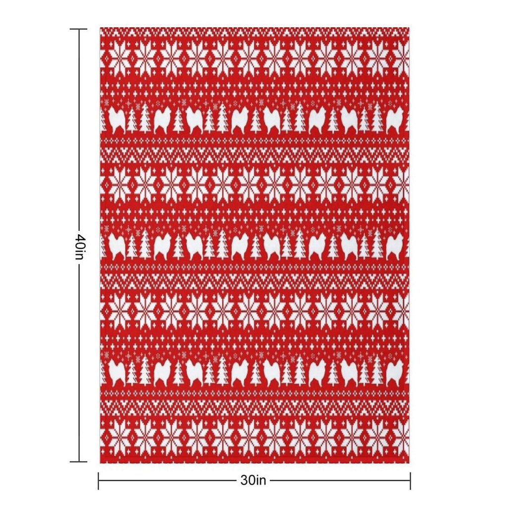 Samoyed Dog Silhouettes Red And White Christmas Holiday Pattern Plush Throw Blanket