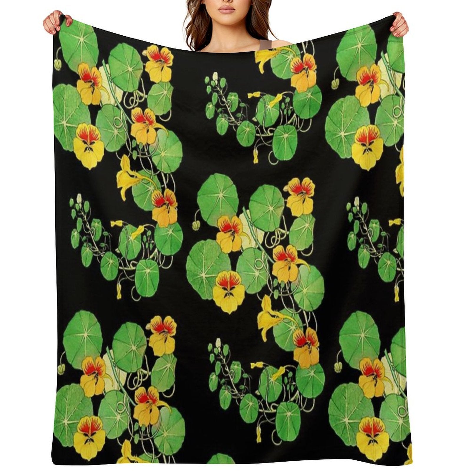 Yellow Nasturtium Flower  Botanical Illustration Gift-ready Throw Blanket