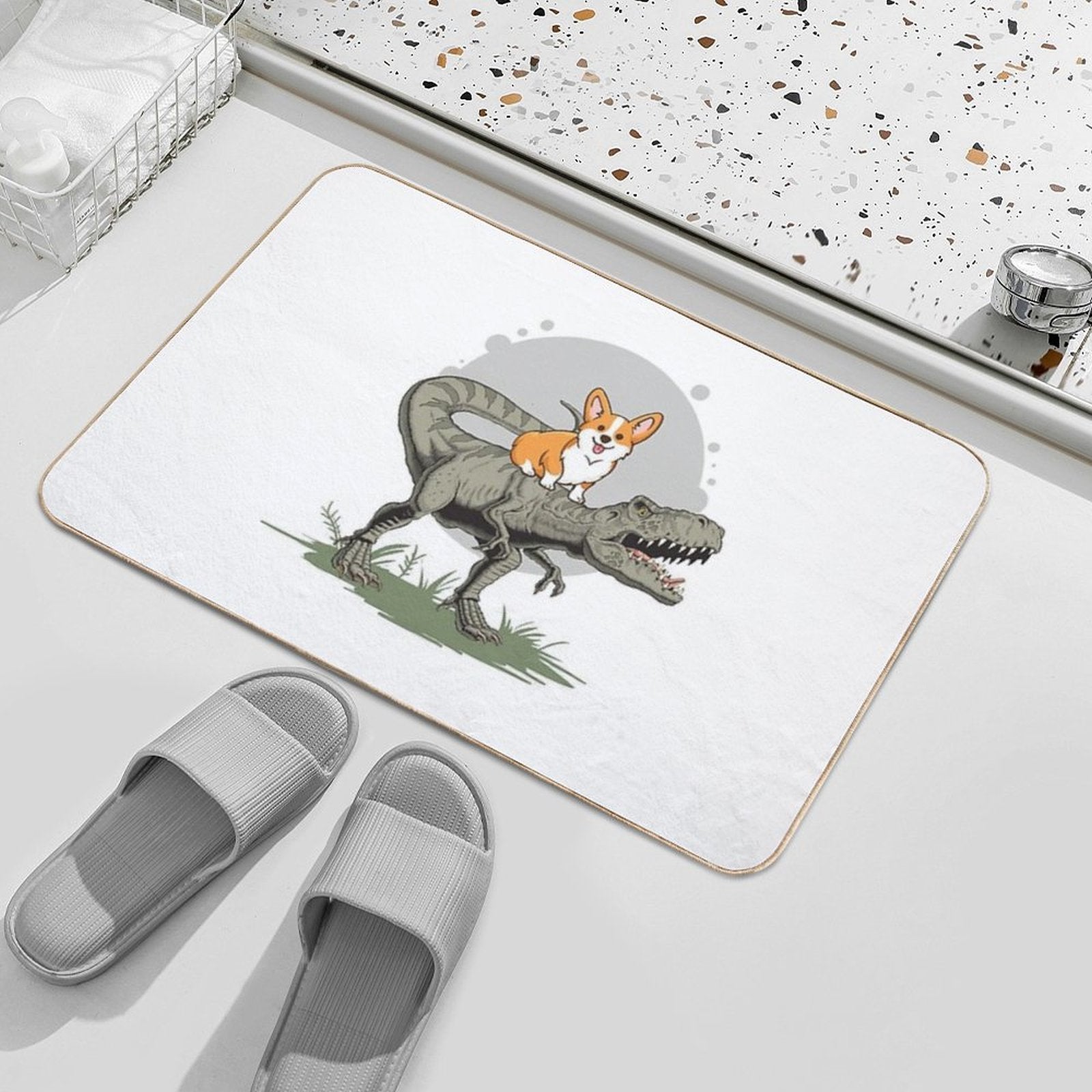 Corgi on Dinosaur  Toxin-Free Bath Mat