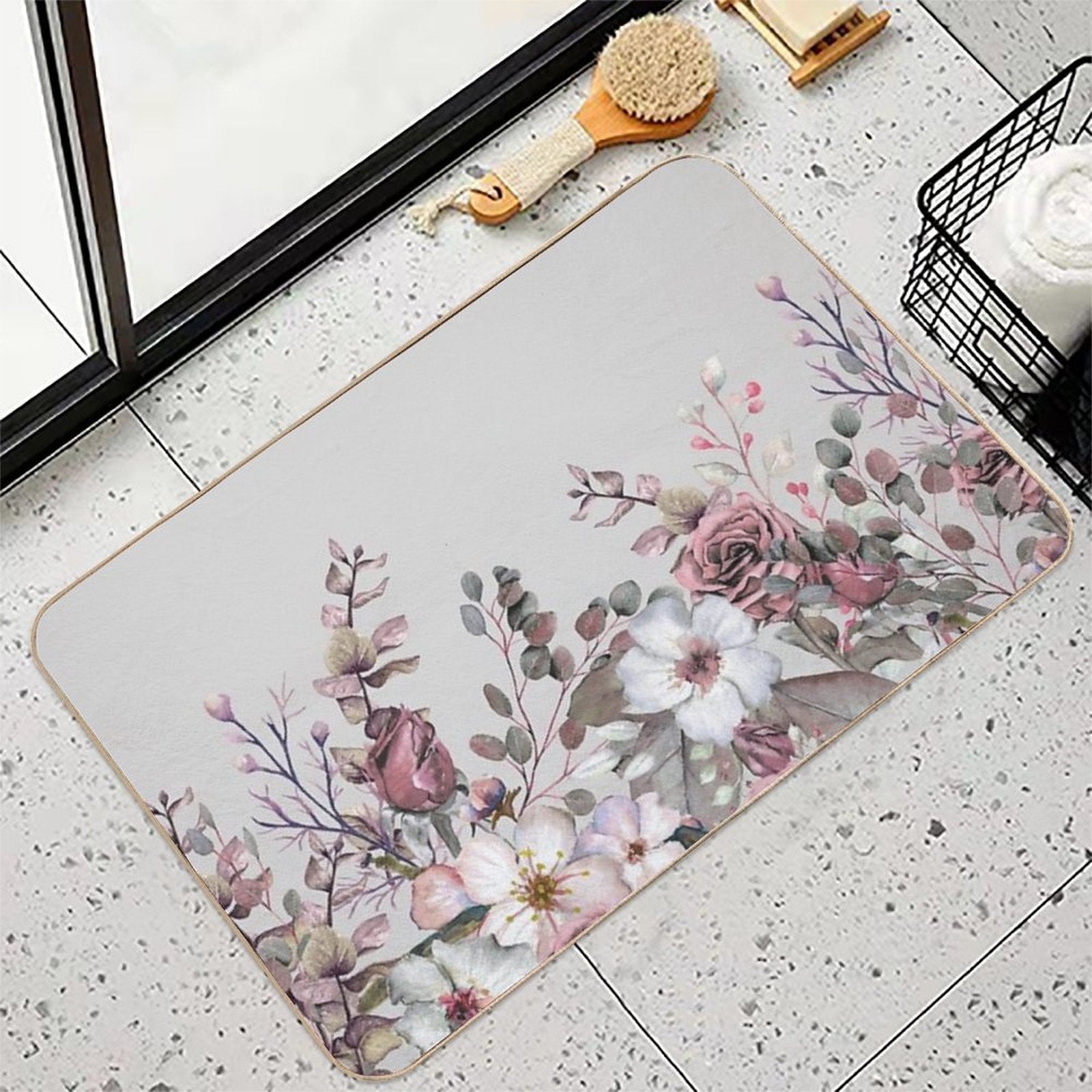 Vintage Pink Mauve Spring Blooms Watercolor Illustration Art  Rapid-Drying Bath Mat