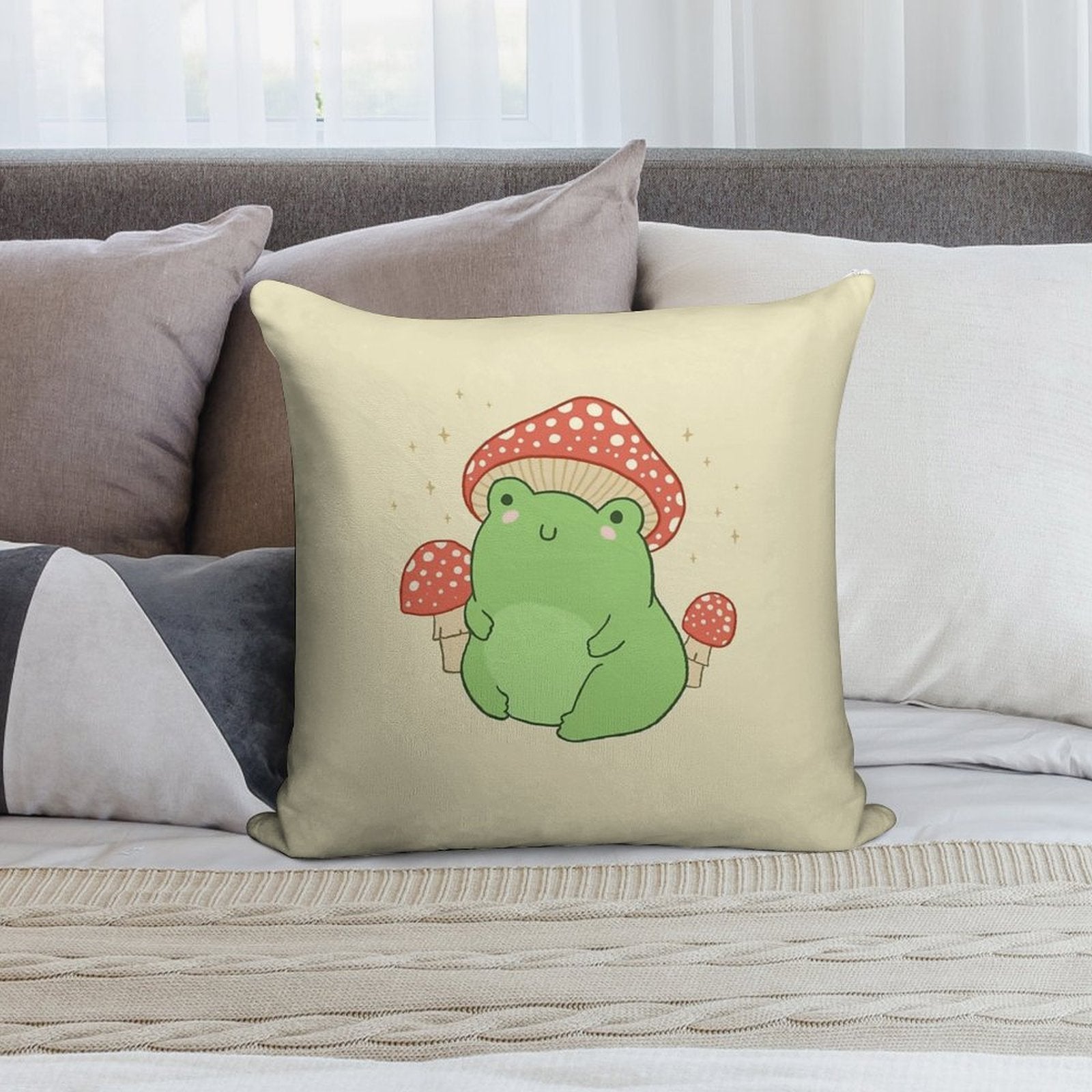 Kawaii Frog with Mushroom Hat Cottagecore Aesthetic Froggy, Chubby Toad in Forest Themed Fantasy Toadstools Soft Hidden Zipper Throw Pillow