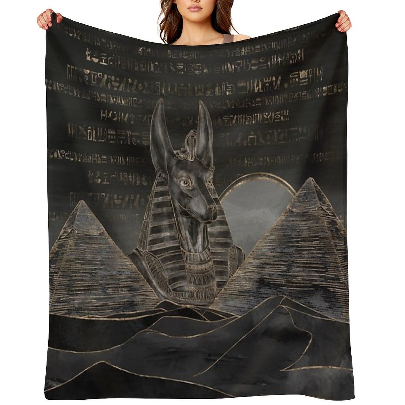 Anubis on Egyptian Pyramids Landscape Travel-friendly Throw Blanket