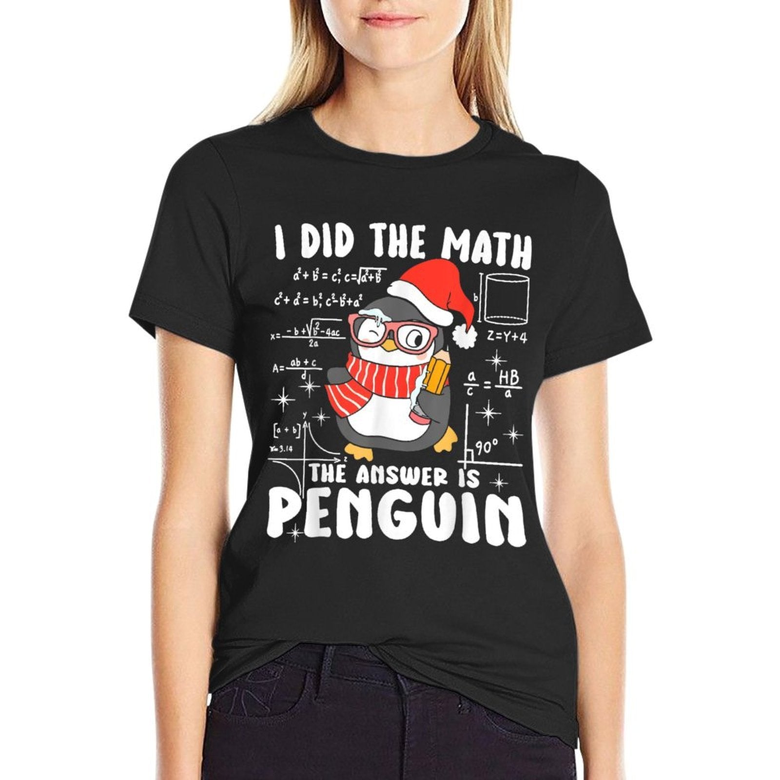 I Did The Math The Answer Is Penguin Christmas Math Teacher  Ribbed Collar T-Shirt