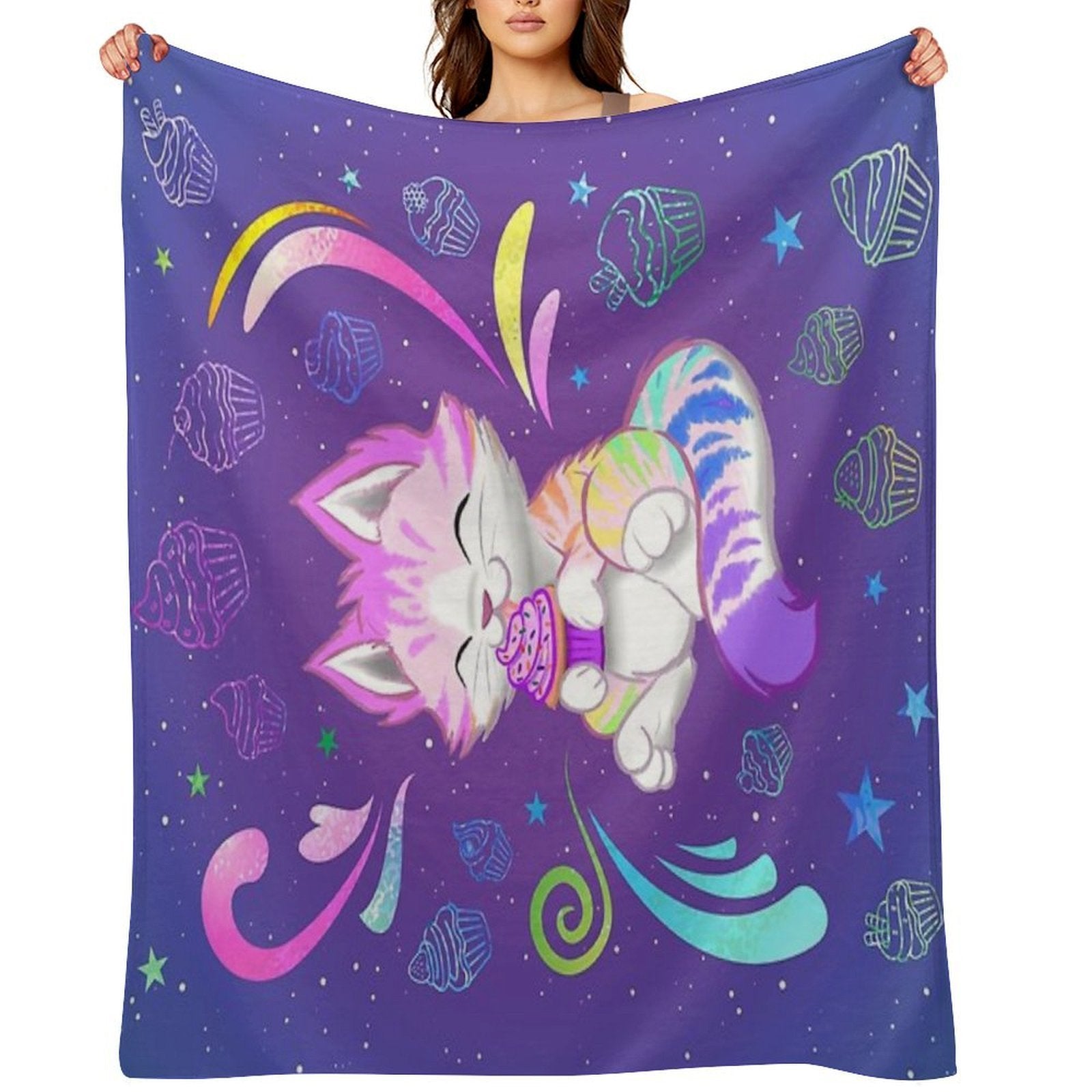 Rainbow Kitty with Cupcake Durable Throw Blanket