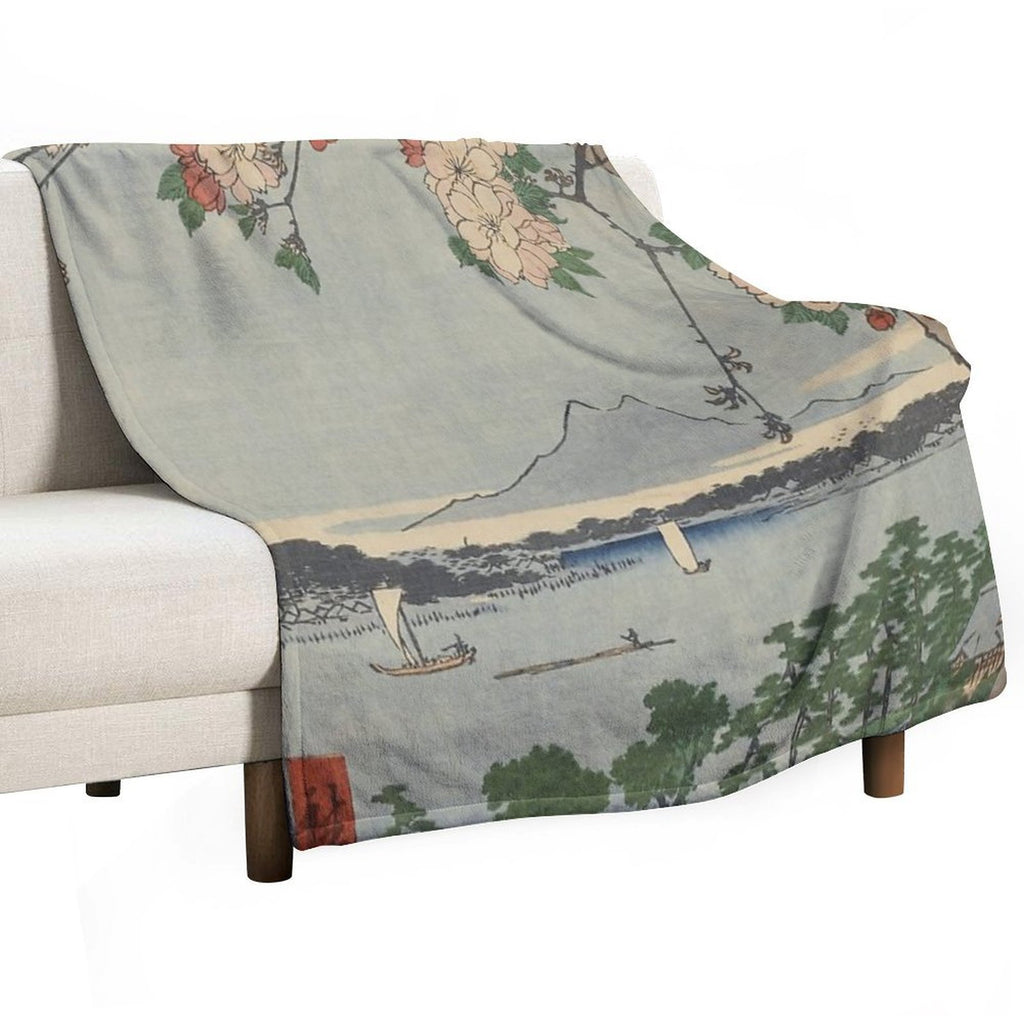 Cherry Blossoms on Spring River Ukiyo-e Japanese Art Gift-ready Throw Blanket