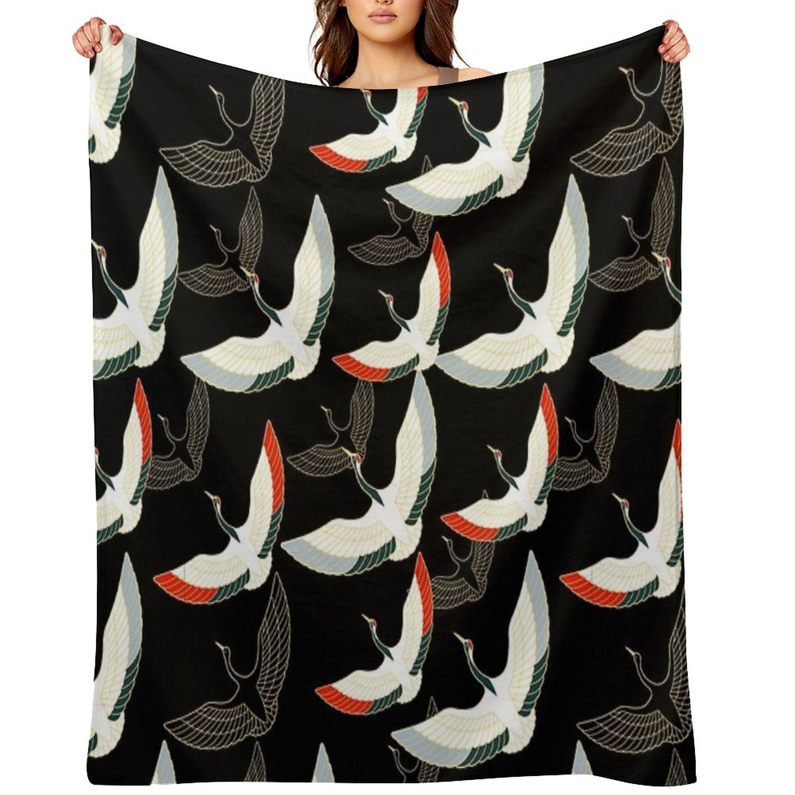 Golden Japanese Cranes Pattern Premium Throw Blanket