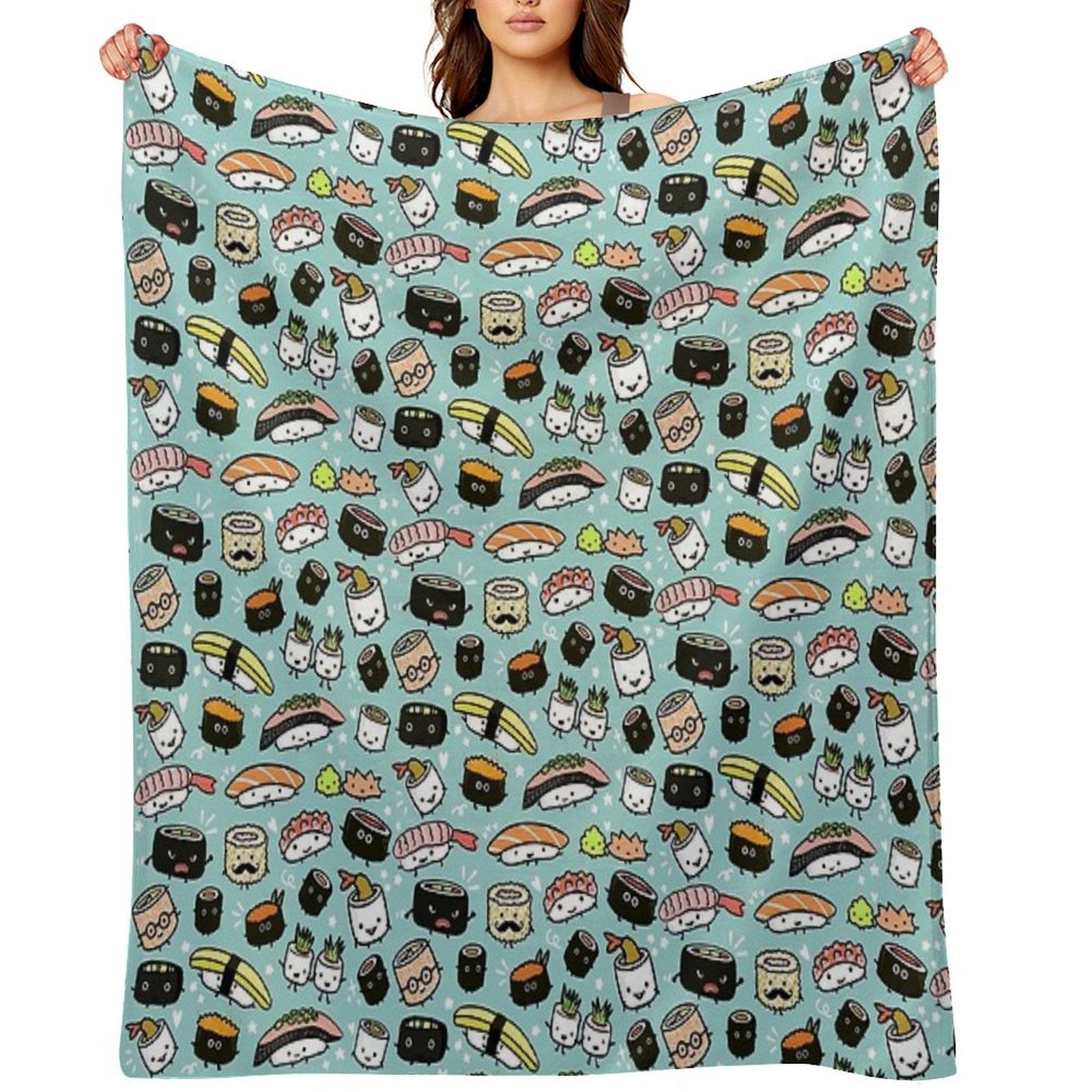 Cute Sushi Pattern  Kawaii Sushi Characters Eco-conscious Throw Blanket