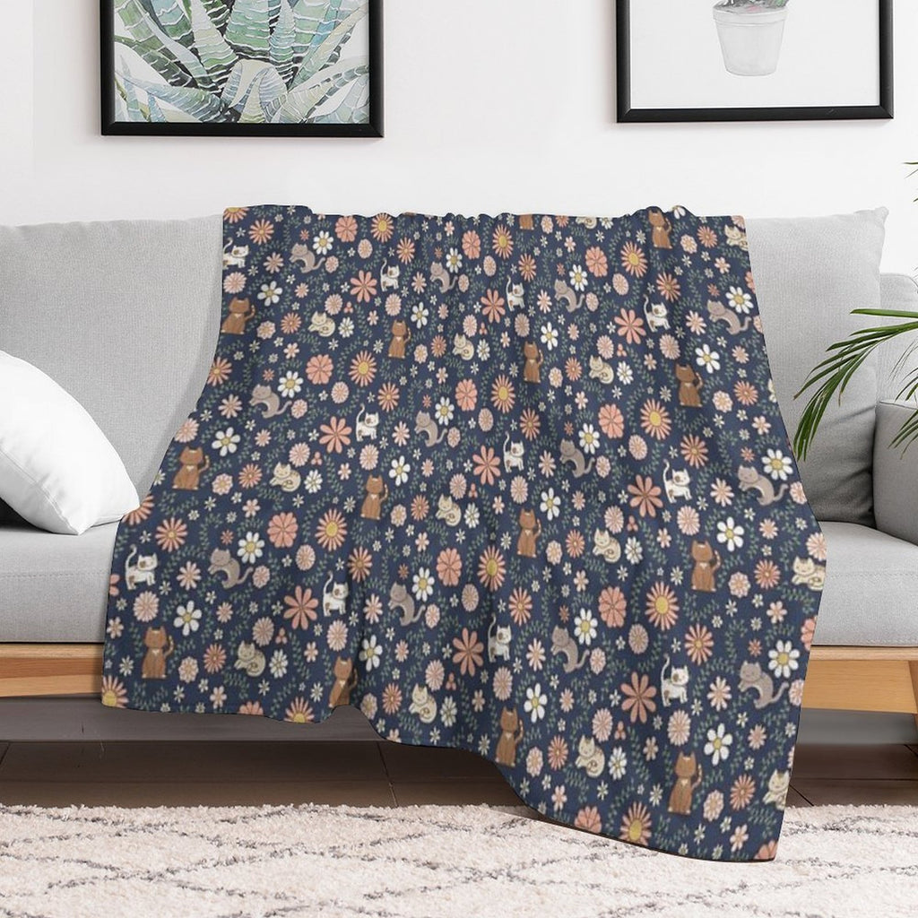 Flower Meower (Navy) Travel-friendly Throw Blanket