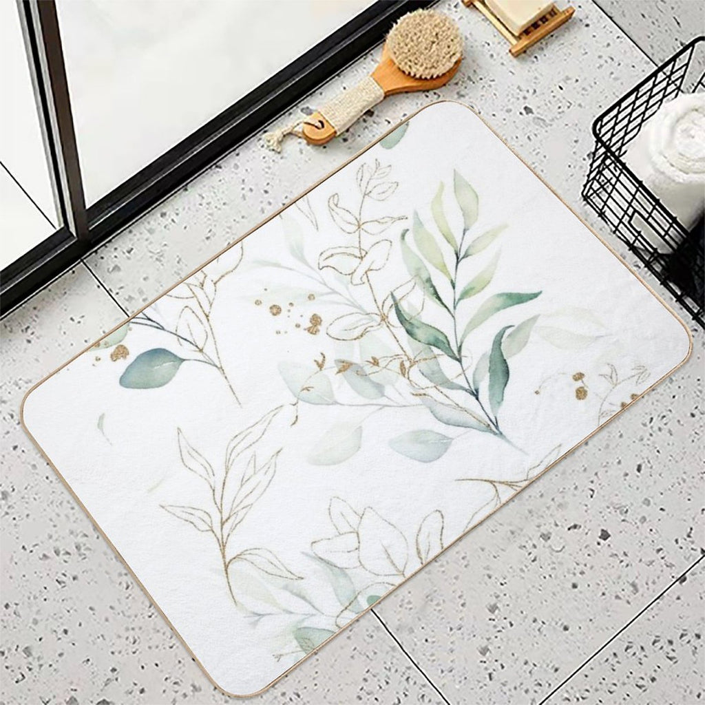 Eucalyptus Leafs And Gold Pattern Watercolor Print by Zouzounio Art  Fade-Resistant Bath Mat
