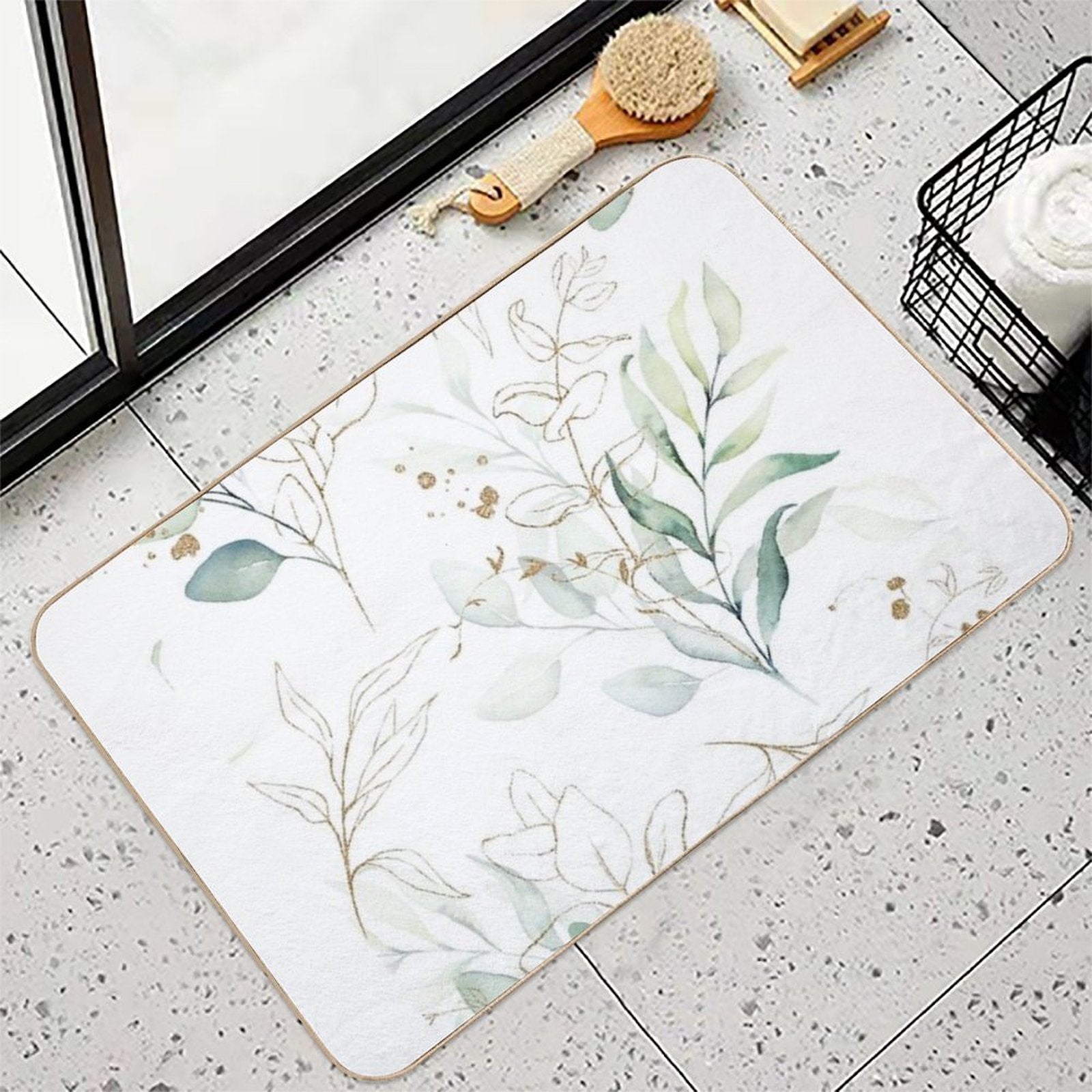 Eucalyptus Leafs And Gold Pattern Watercolor Print by Zouzounio Art  Fade-Resistant Bath Mat