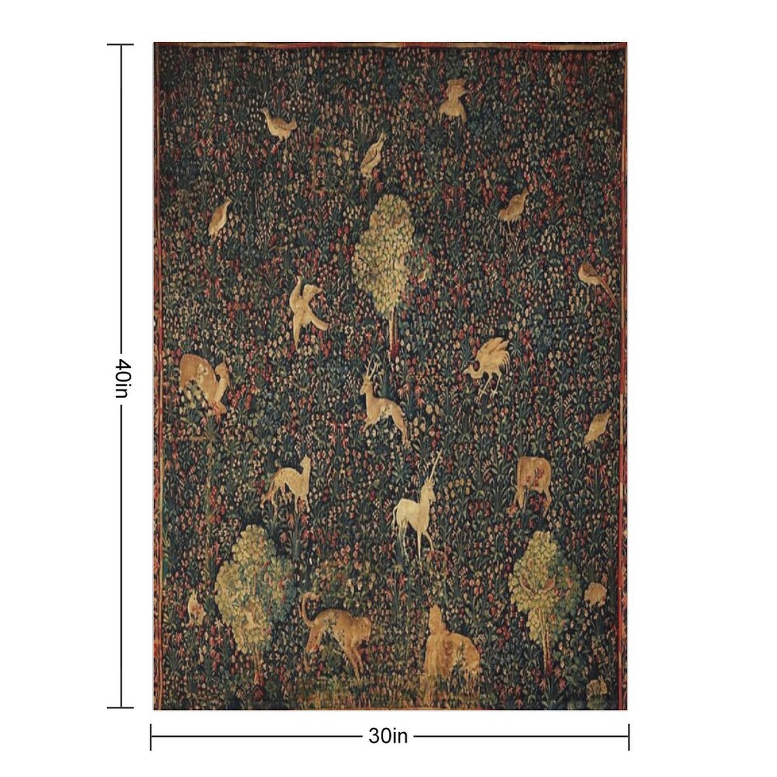 UNICORN AND MEDIEVAL BESTIARY Millefleurs Red Green Floral Tapestry ,Forest Animals, Premium Throw Blanket