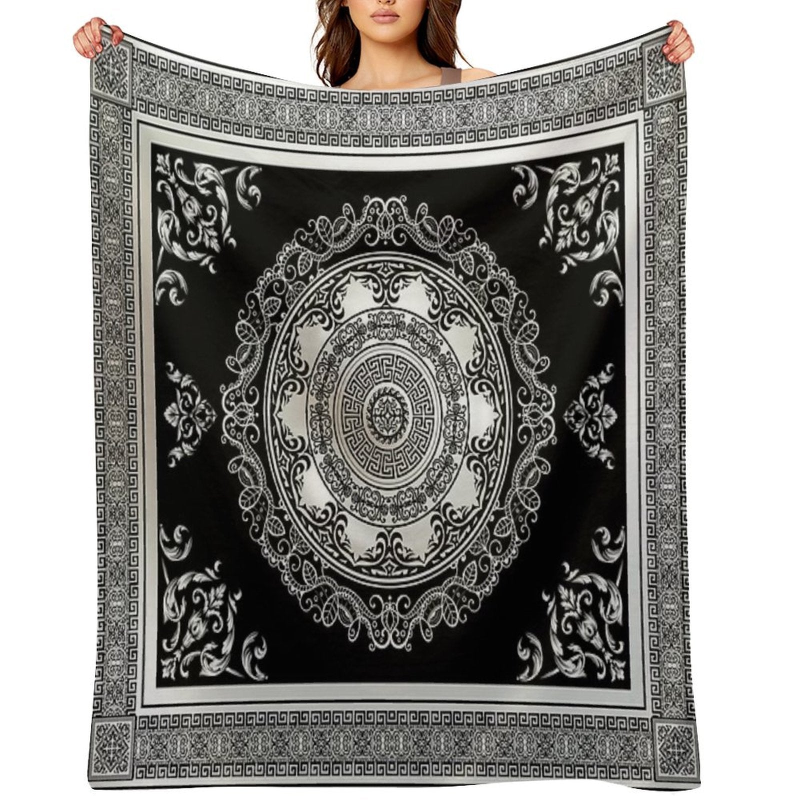 Baroque Ornate Cream And Black Greek Key Compact Throw Blanket