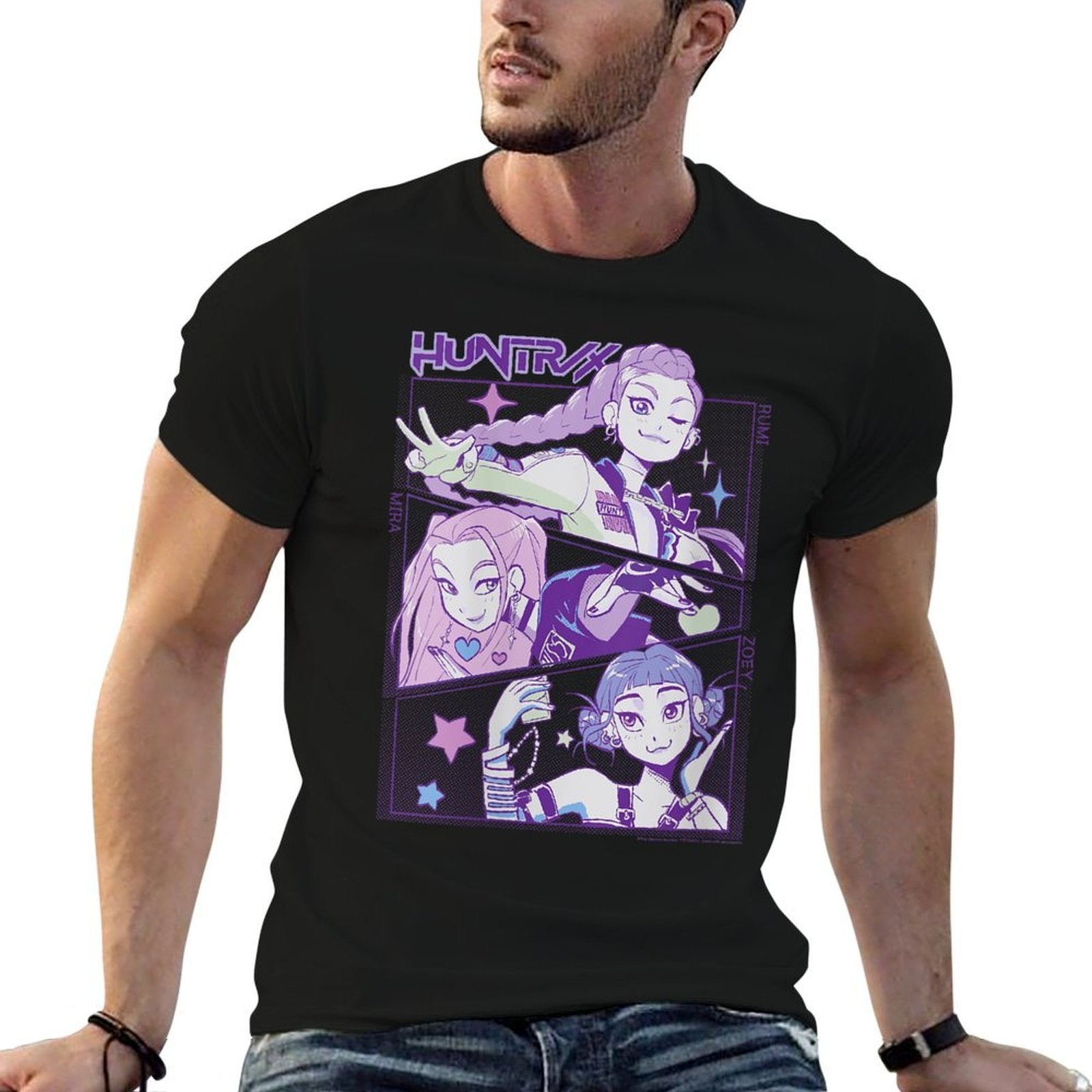Womens Kpop Demon Hunters Huntrx Cute Vintage Animated Panels  Graphic-printed T-Shirt