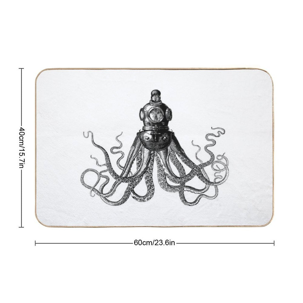 Octopus in Diving Helmet  Deep Sea Divers Helmet  Vintage Octopus  Tentacles  Anthropomorphic  Black And White  Dirt-Trapping Bath Mat
