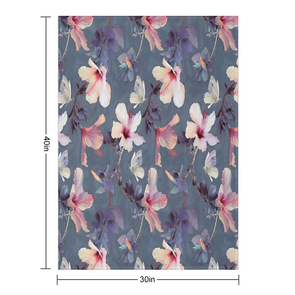 Butterflies And Hibiscus Flowers - A Painted Pattern Plush Throw Blanket