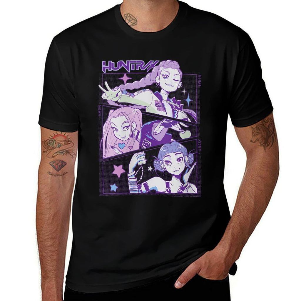 Womens Kpop Demon Hunters Huntrx Cute Vintage Animated Panels  Graphic-printed T-Shirt
