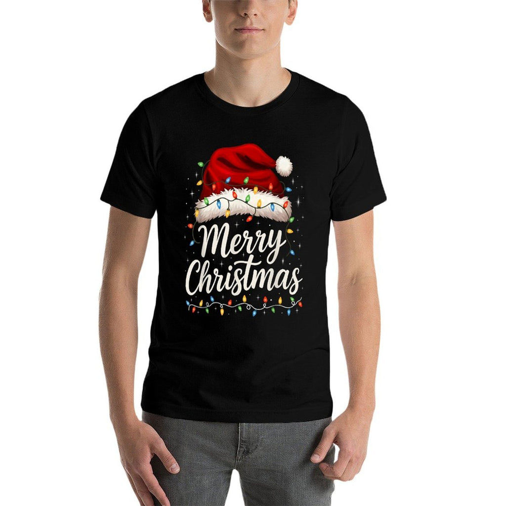 Merry Christmas Lights Red Santa Hat Xmas Family Men Women  Cotton T-Shirt