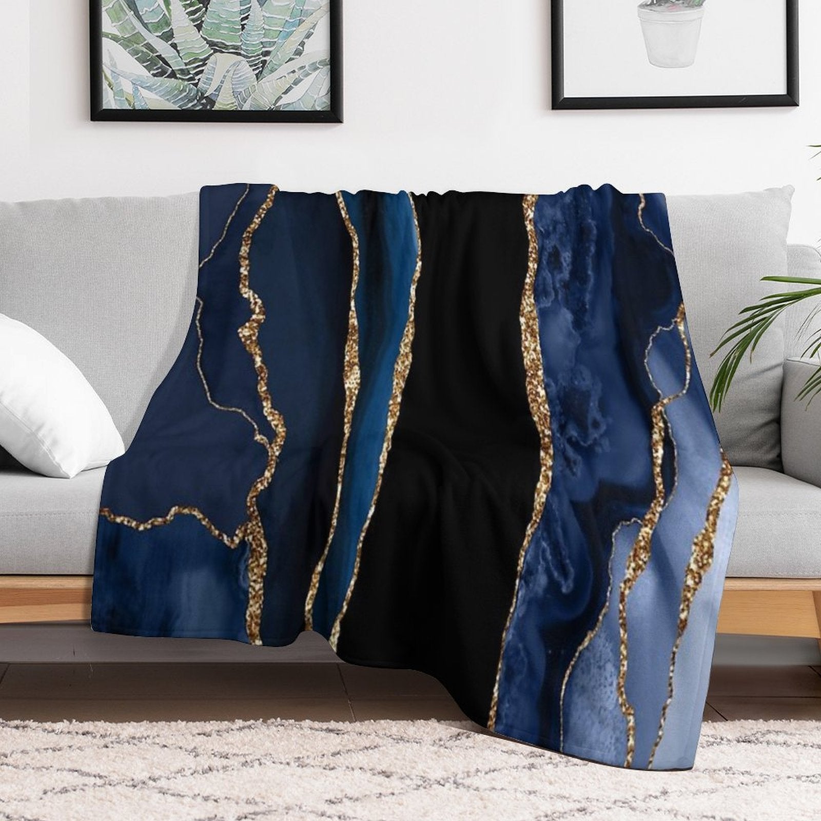 Abstract Blue And Gold Modern Geode Agate Design Premium Throw Blanket