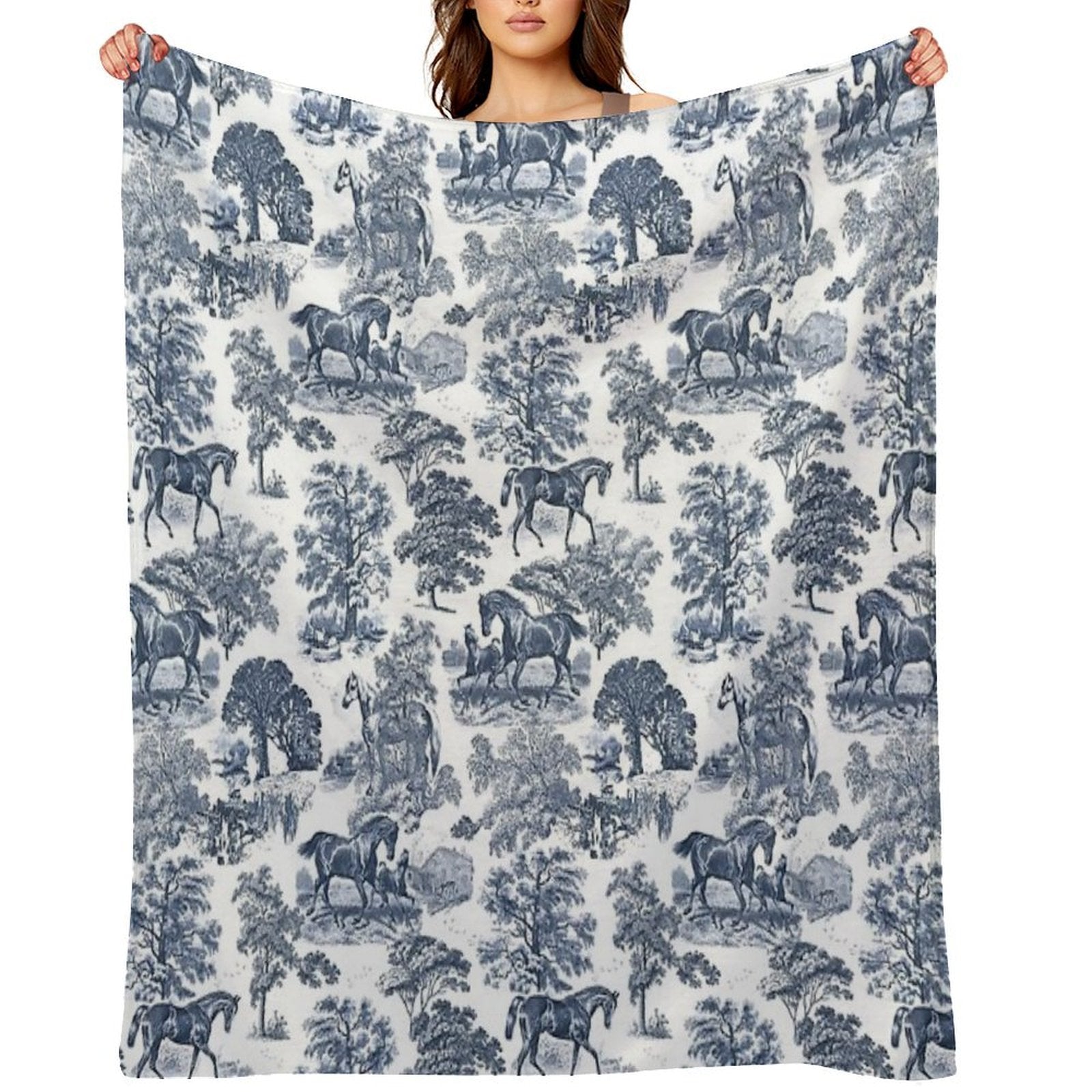 Elegant Vintage Chic Blue Toile Horses Pattern Versatility Throw Blanket