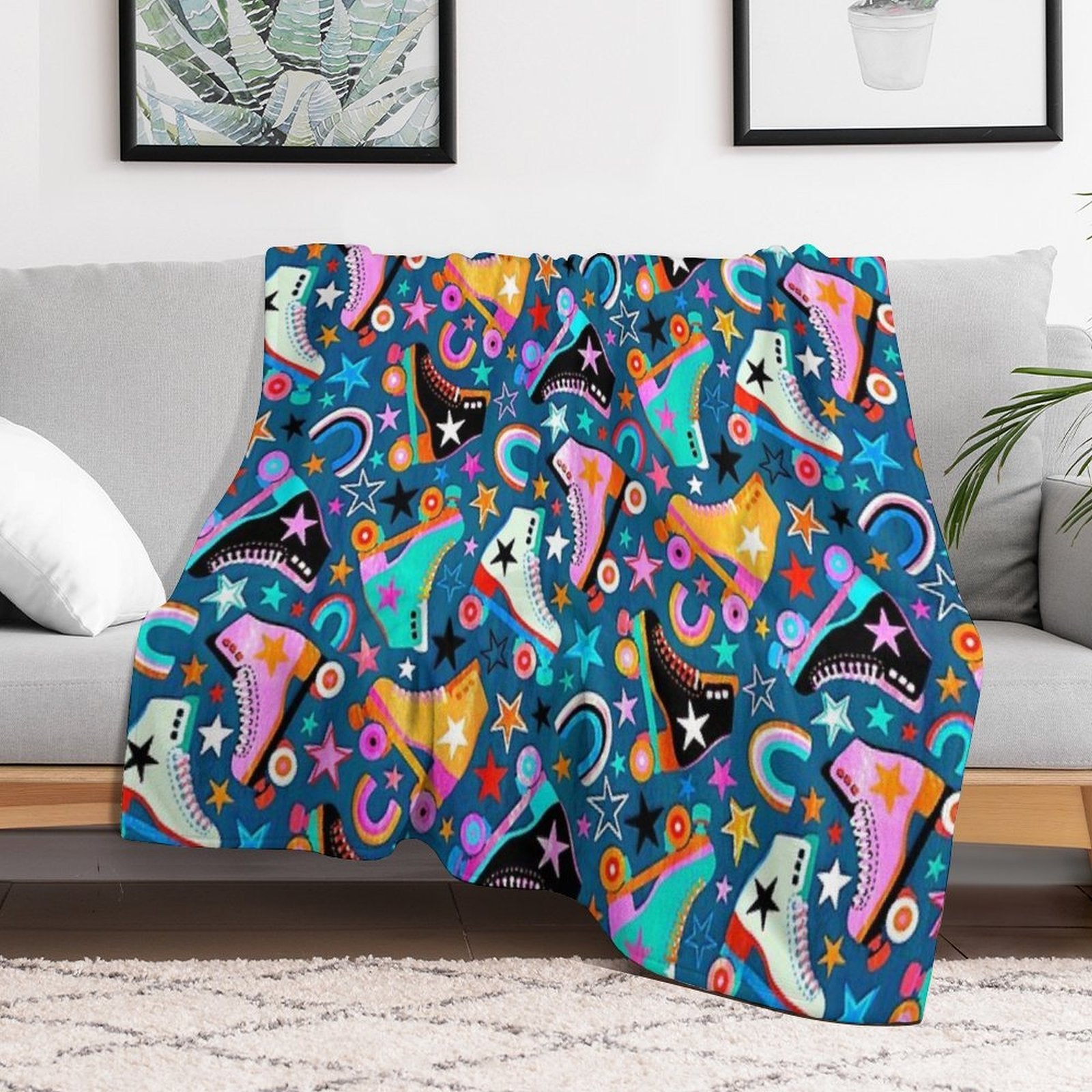 Retro Rainbow Roller Skates And Stars Durable Throw Blanket