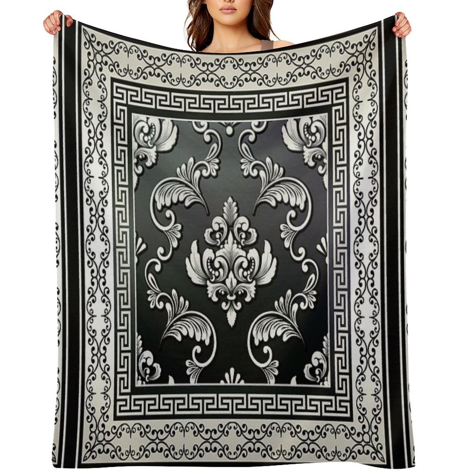 Greek Key Black And Cream Floral Pattern Travel-friendly Throw Blanket