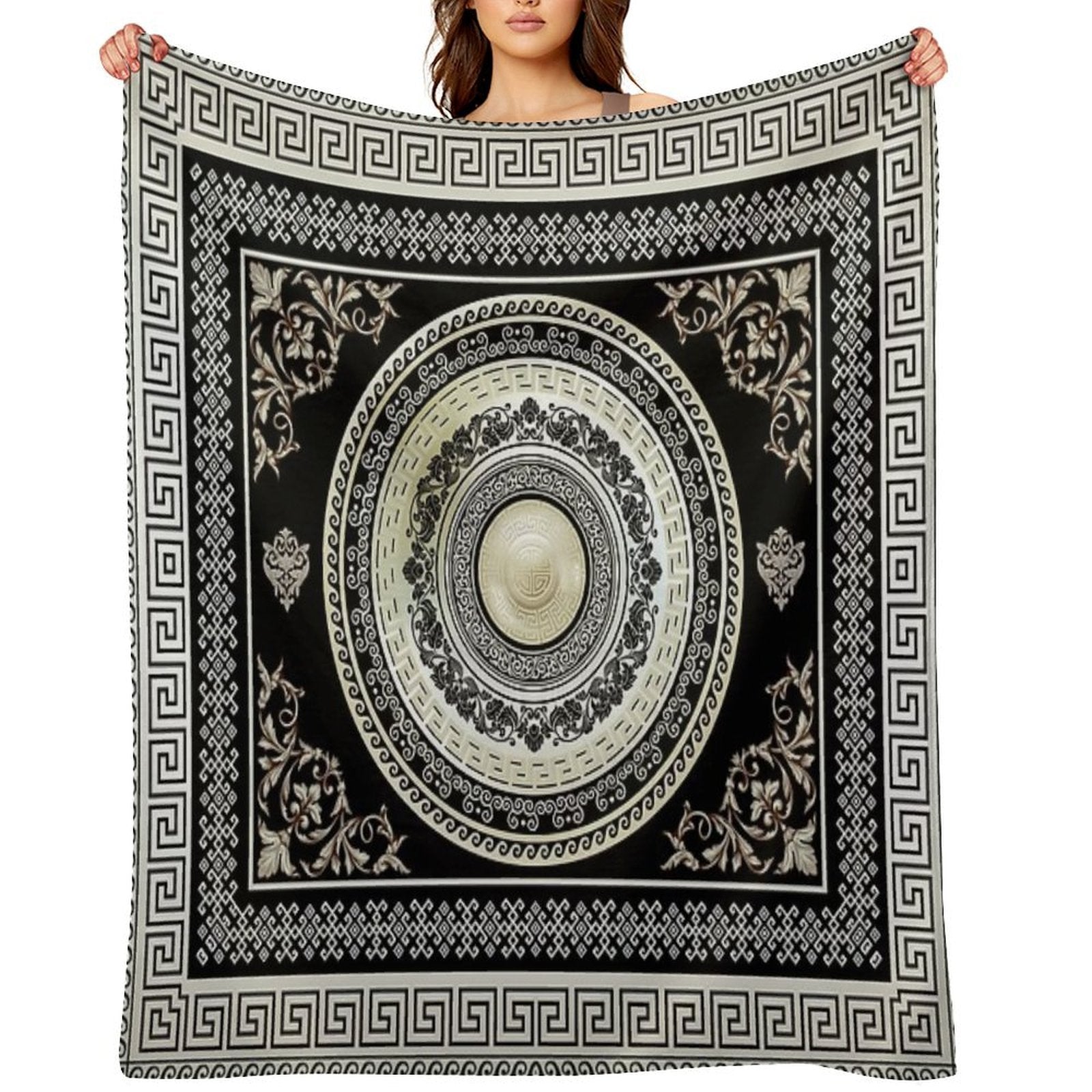 Greek Key Meander Cream Black Medallion Ornate Baroque Travel-friendly Throw Blanket