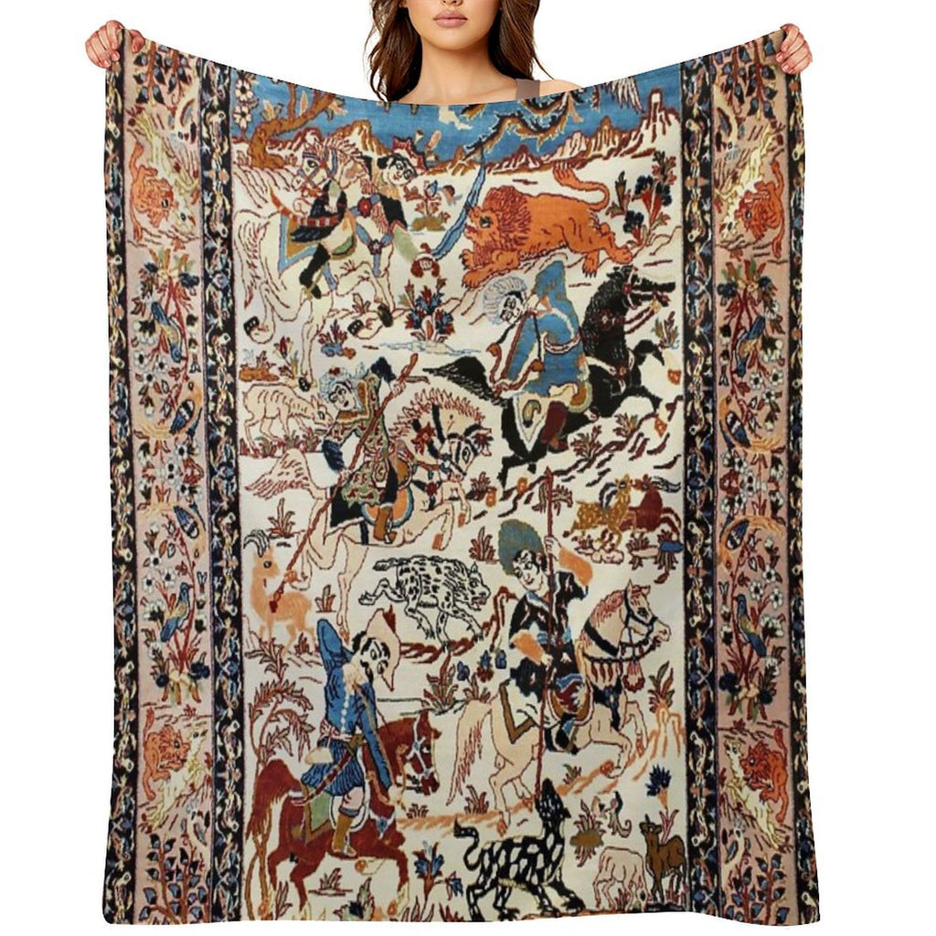Blue Antique Persian Isfahan Silk Rug with Flowers Animals Print Quick-dry Throw Blanket