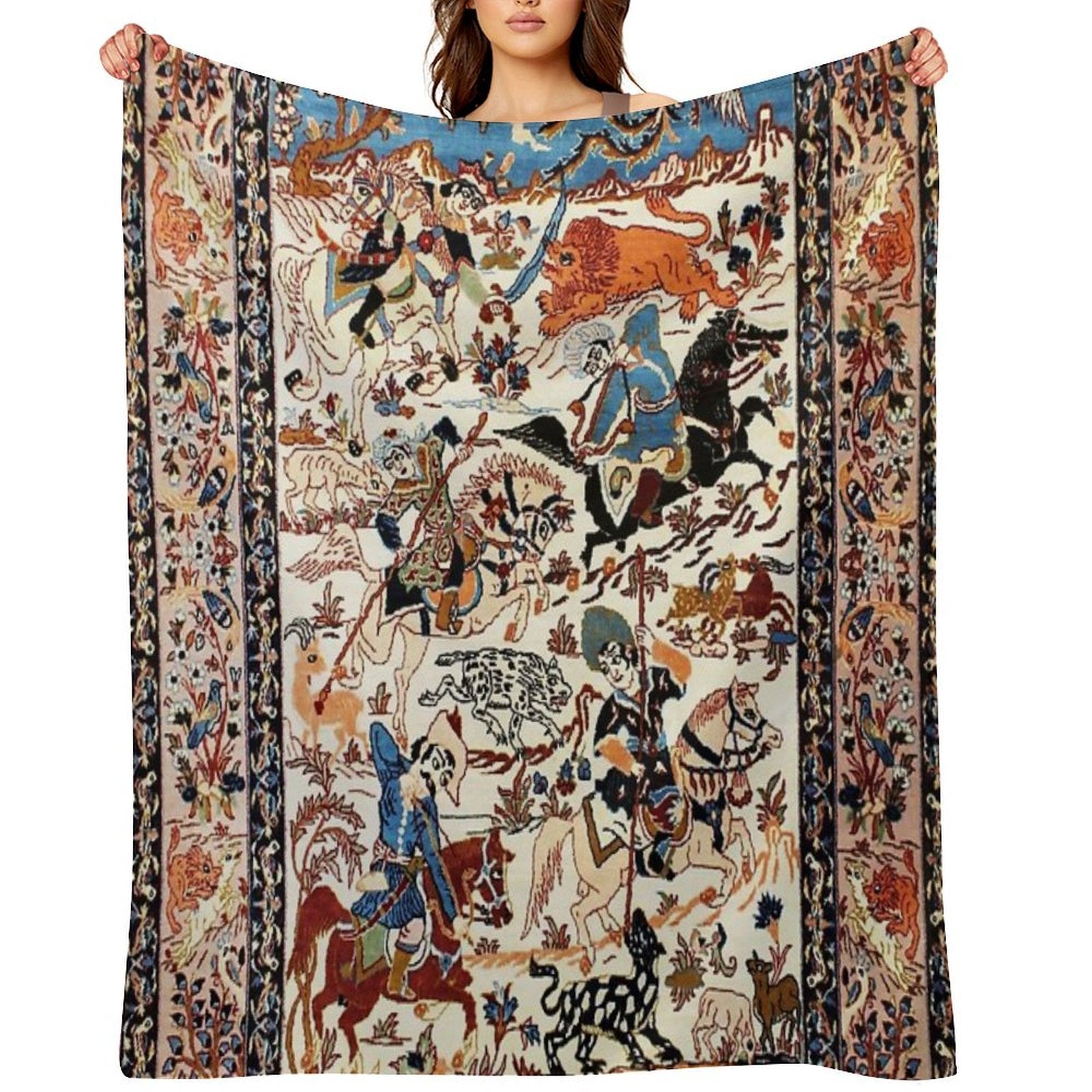 Blue Antique Persian Isfahan Silk Rug with Flowers Animals Print Quick-dry Throw Blanket