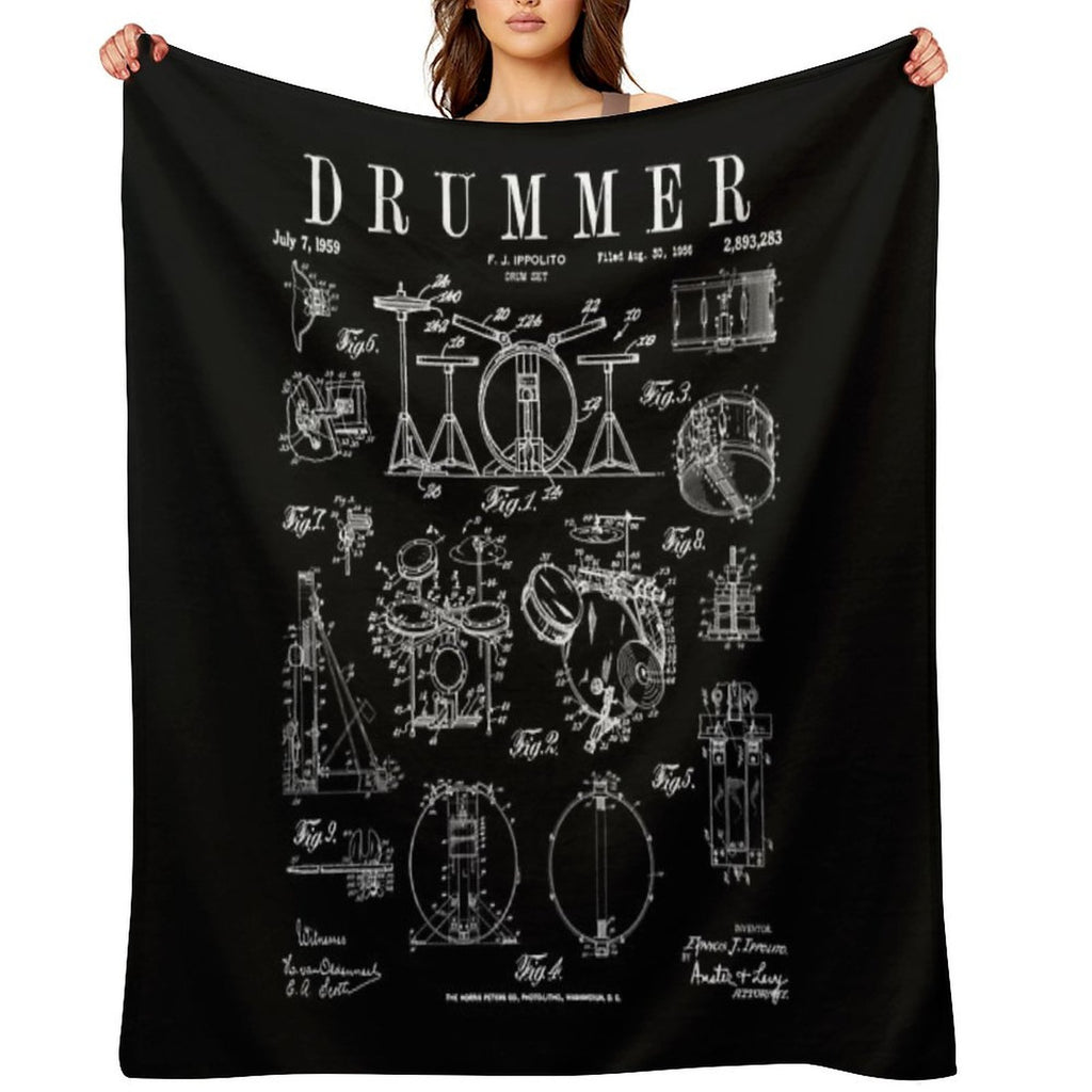 Drum Set Kit Vintage Patent Drummer Drawing Print Easy Care Throw Blanket