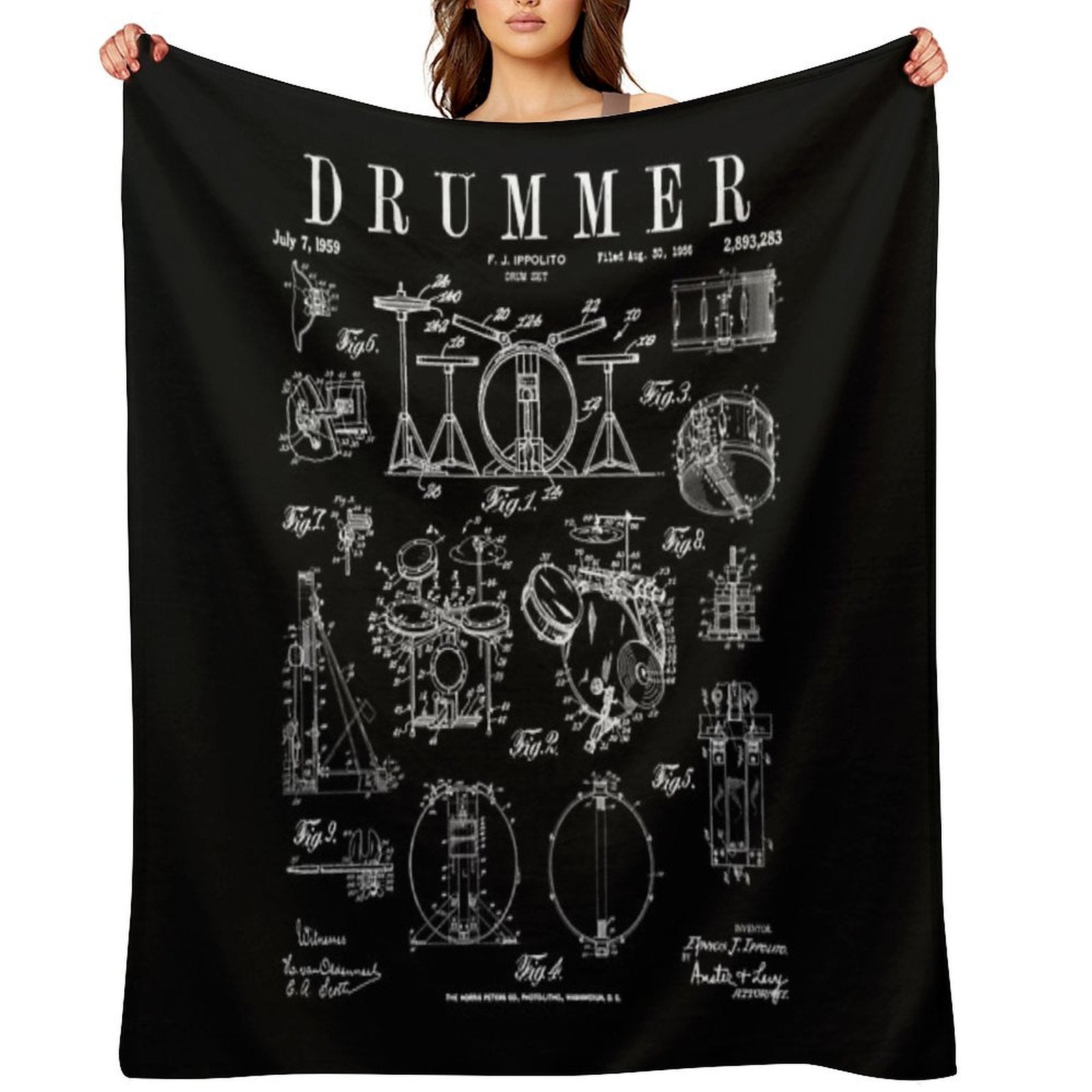 Drum Set Kit Vintage Patent Drummer Drawing Print Easy Care Throw Blanket