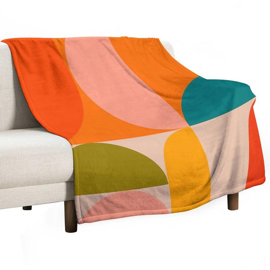 Mid Century Modern, Geometric, Retro Design, Round, Summer, Variation 2, Coral, Orange, Teal Sustainable Throw Blanket