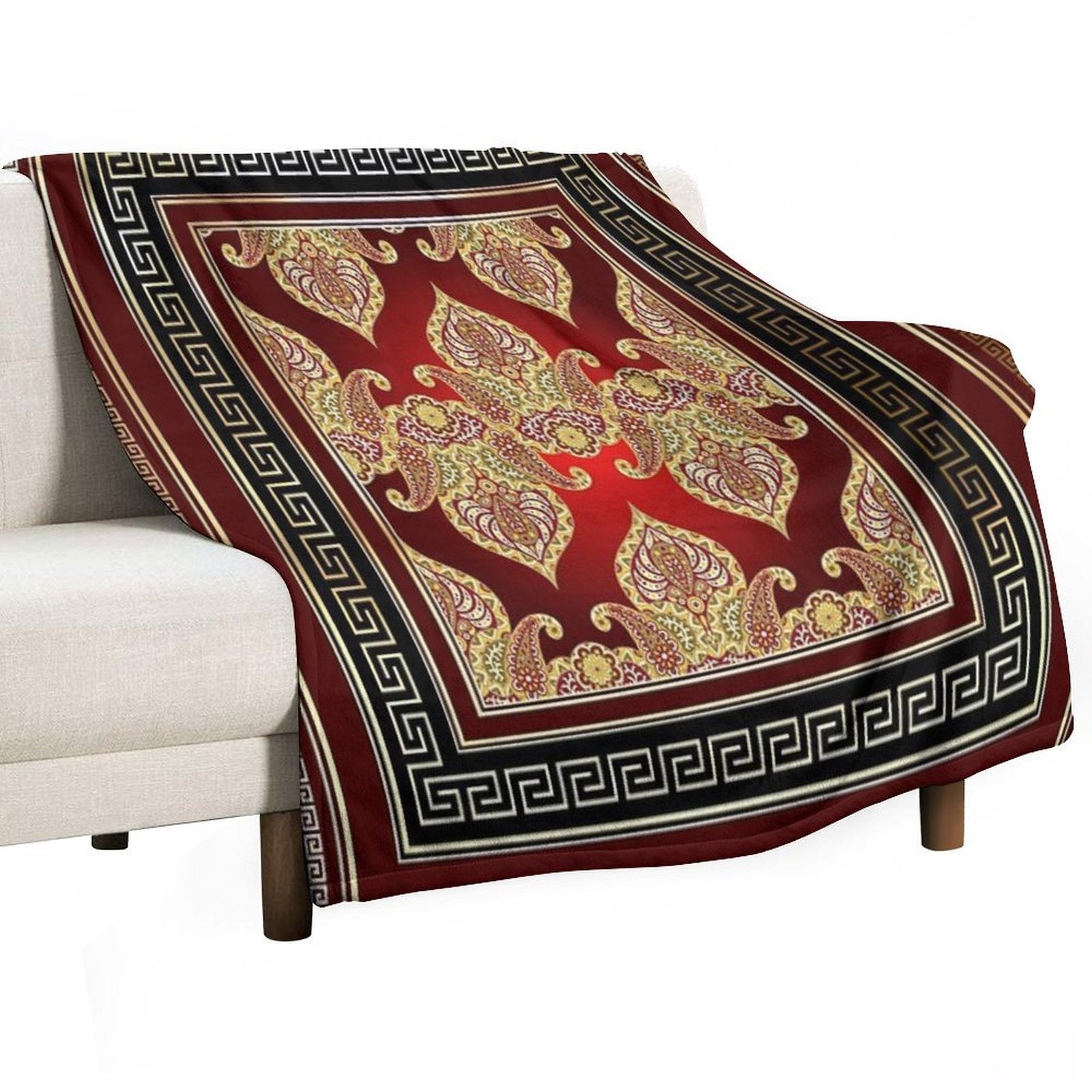 Greek Key Maroon Red Gold Black Floral Paisley Lightweight Throw Blanket