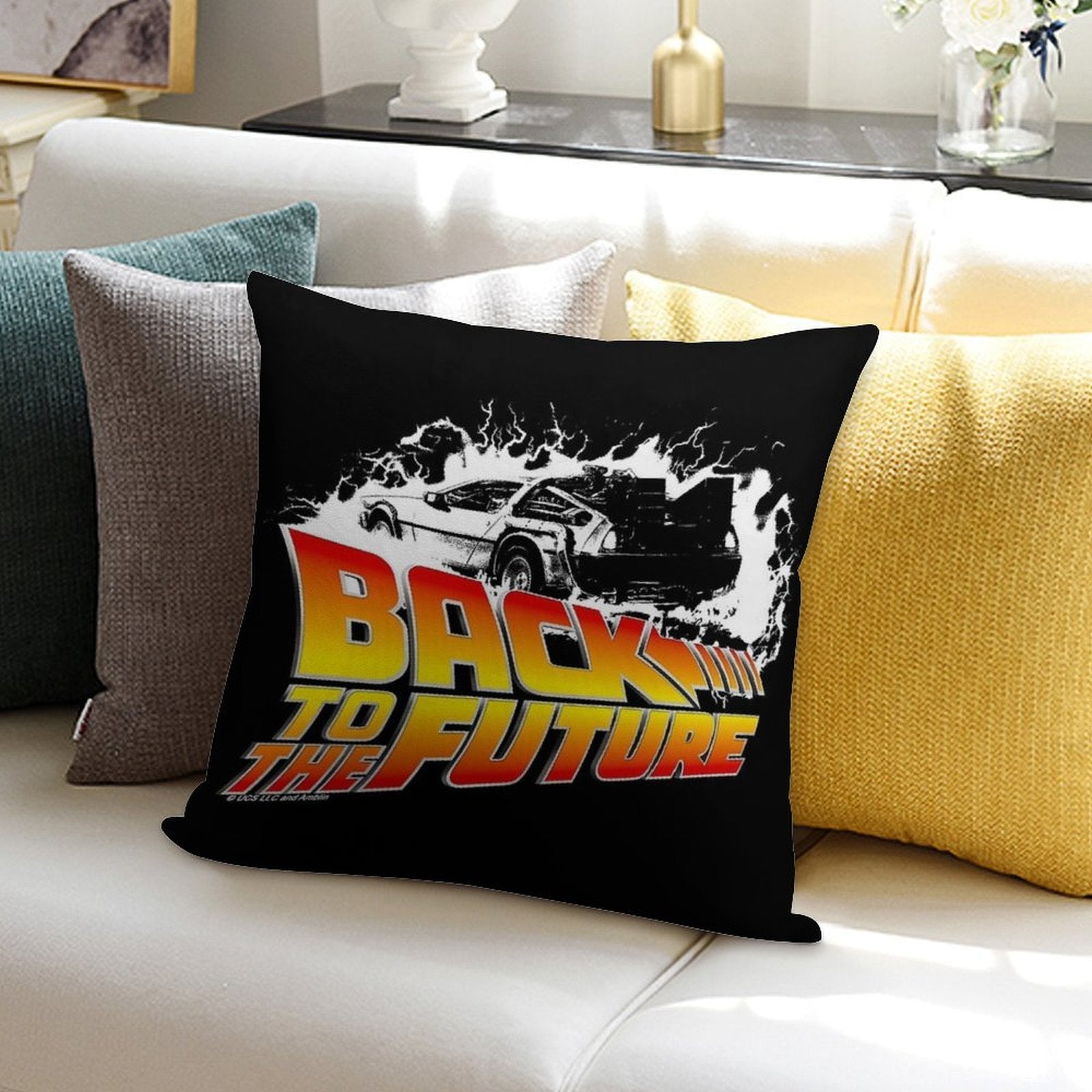 Back to The Future - DeLorean White Stencil Fan Art Soft Gift Ready Throw Pillow