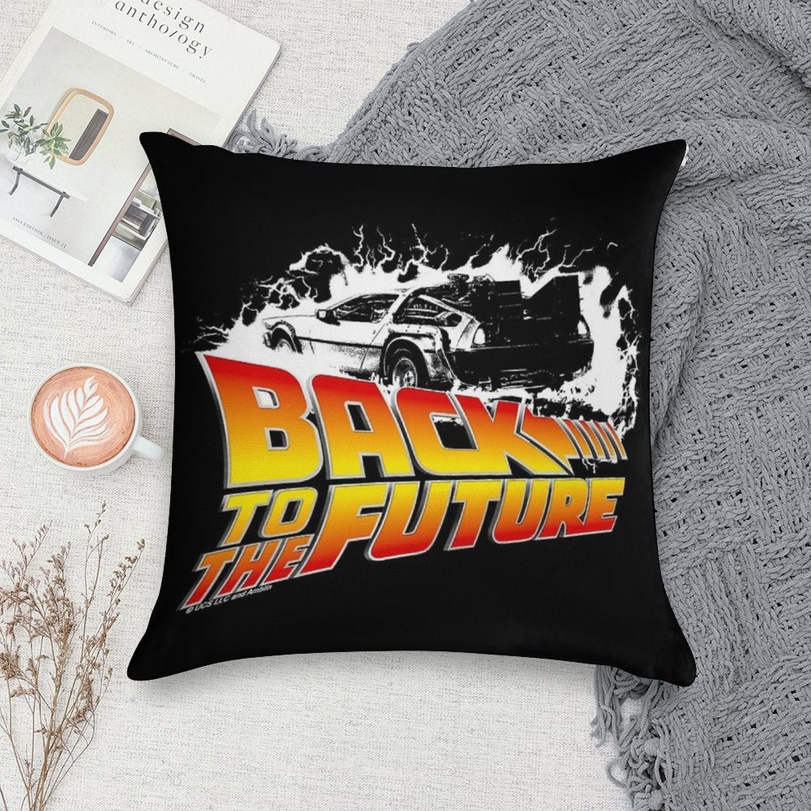 Back to The Future - DeLorean White Stencil Fan Art Soft Gift Ready Throw Pillow