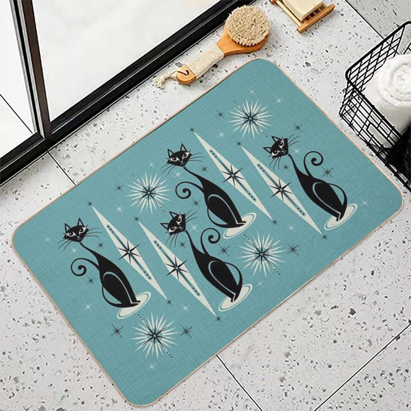 Mid Century Meow on Blue - Large Scale  Eco-Friendly Bath Mat