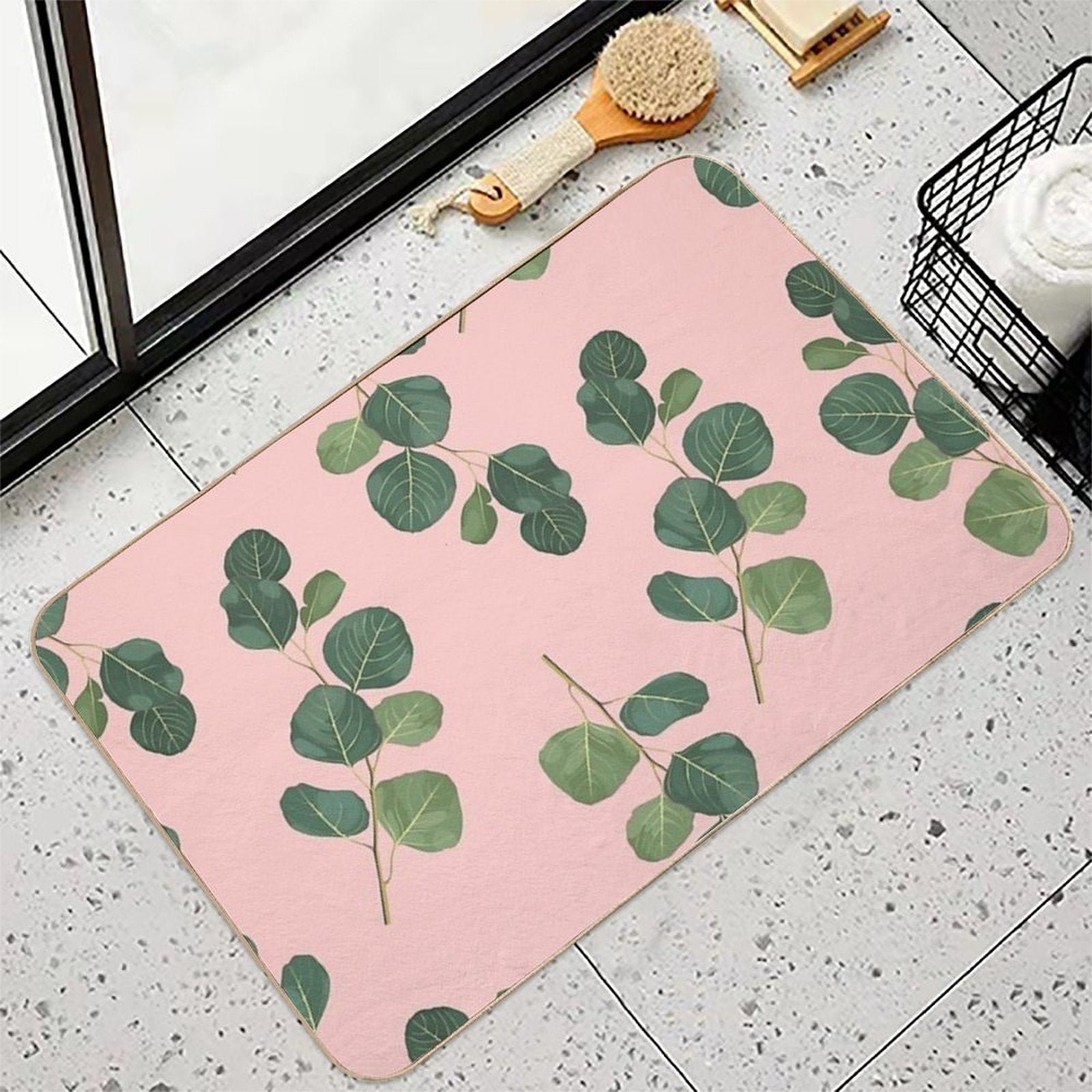 Floral Abstract Seamless Pattern with Eucalyptus Branches.  Long-Lasting Bath Mat