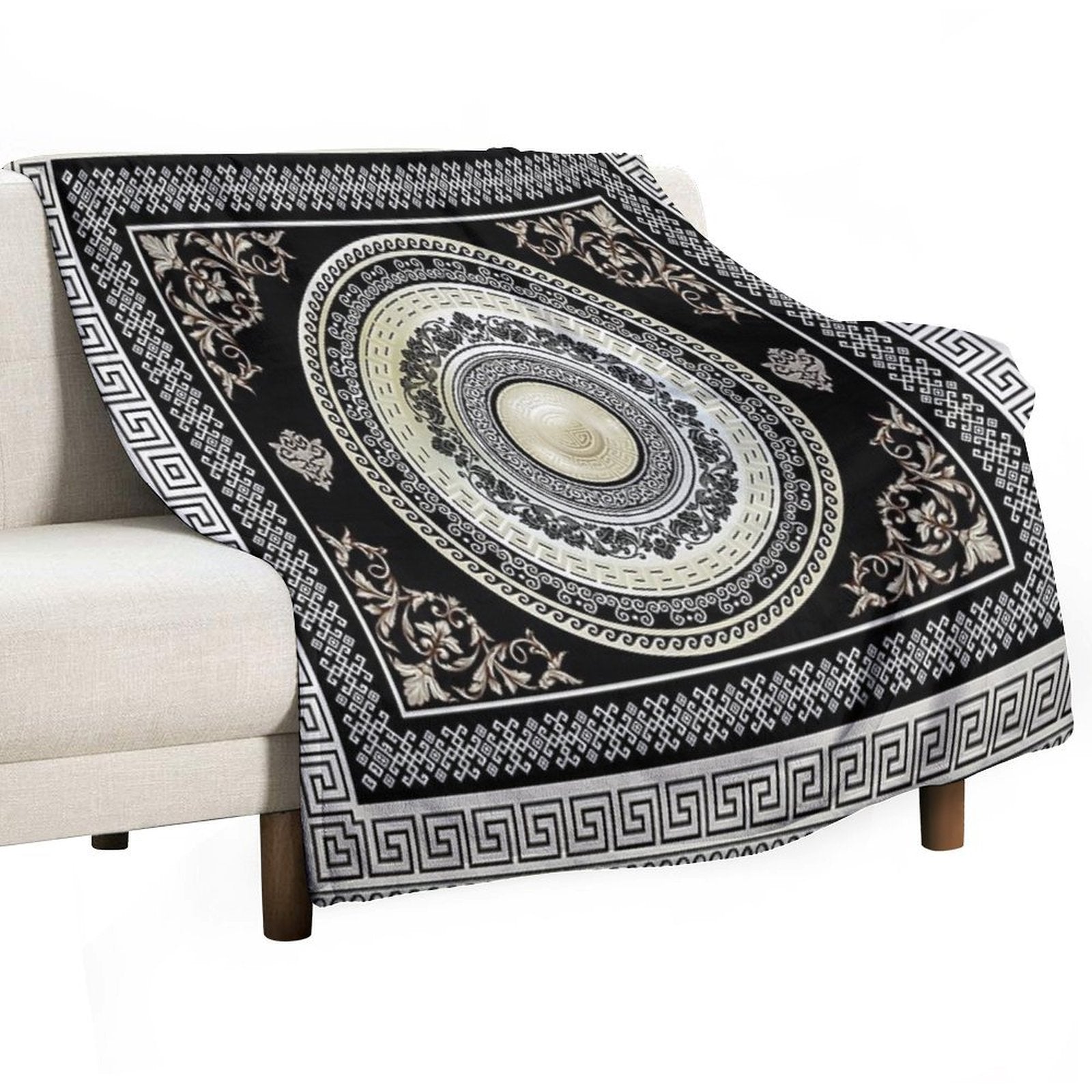 Greek Key Meander Cream Black Medallion Ornate Baroque Travel-friendly Throw Blanket
