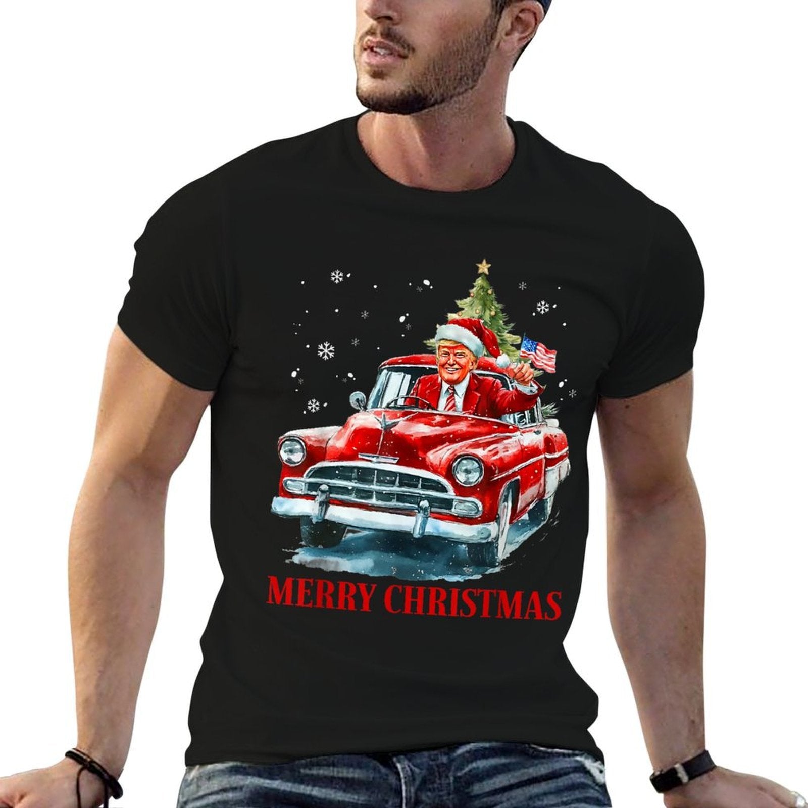 Funny Santa Trump Riding Red Truck Merry Christmas Xmas 2025  Trendy Pattern T-Shirt